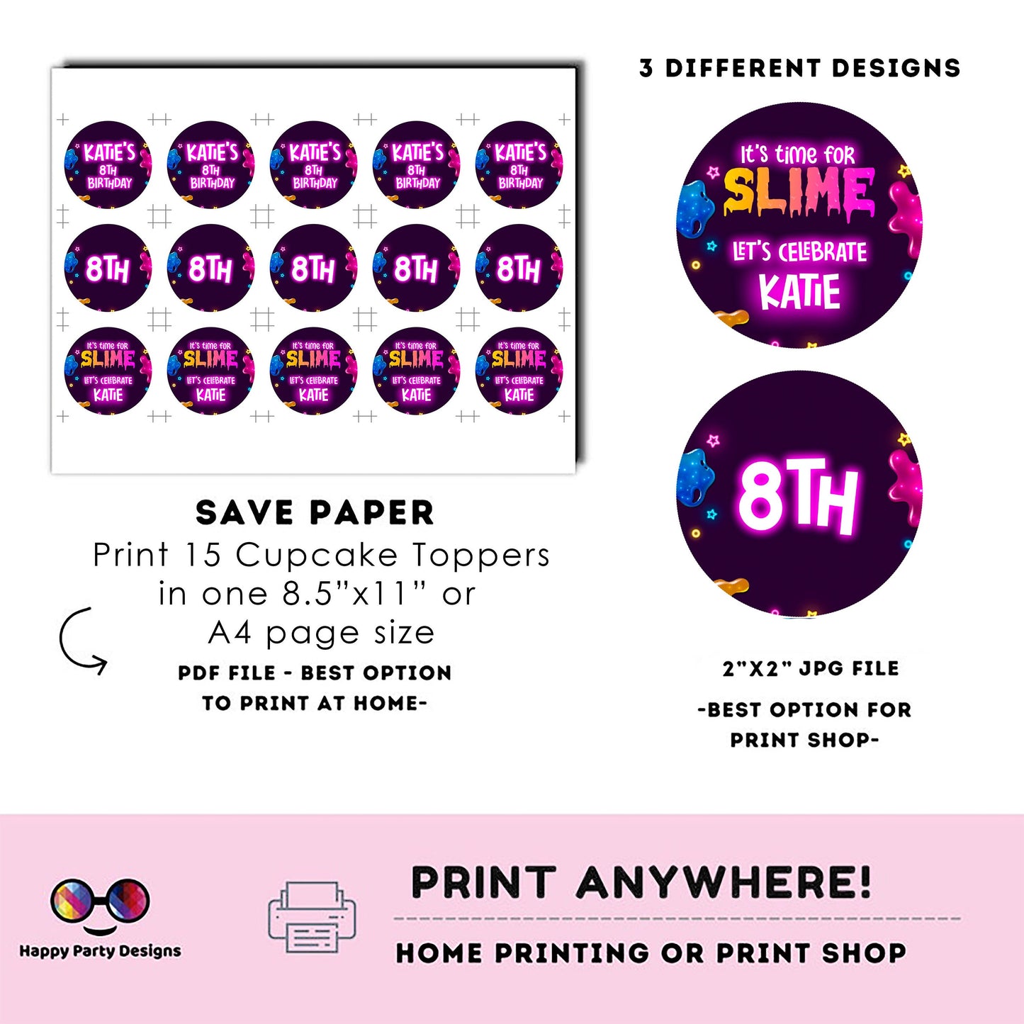 Editable slime Round cupcake toppers | slime birthday | slime Birthday Party | slime themed | Girl Birthday Party | stickers #K125