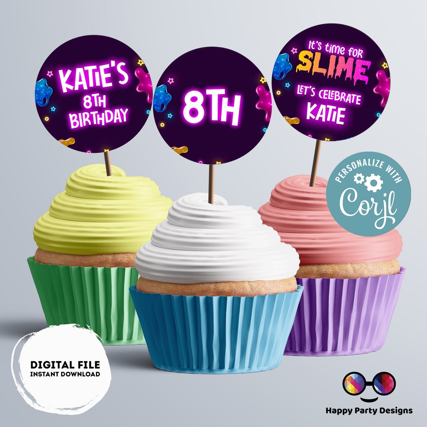 Editable slime Round cupcake toppers | slime birthday | slime Birthday Party | slime themed | Girl Birthday Party | stickers #K125