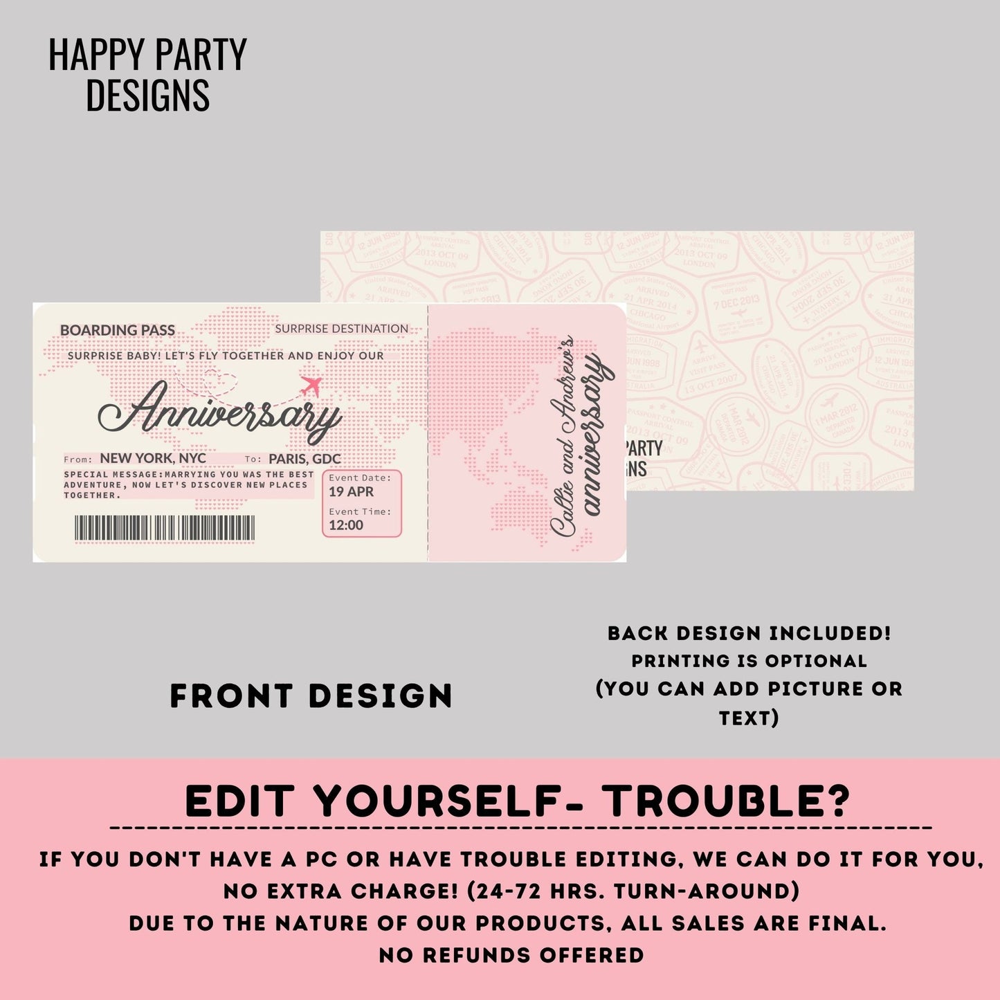 Editable Boarding Ticket Template | Surprise Airline Gift | Vacation | Gift for Her | Couple Gift | Print-at-home | Flight Voucher #A19