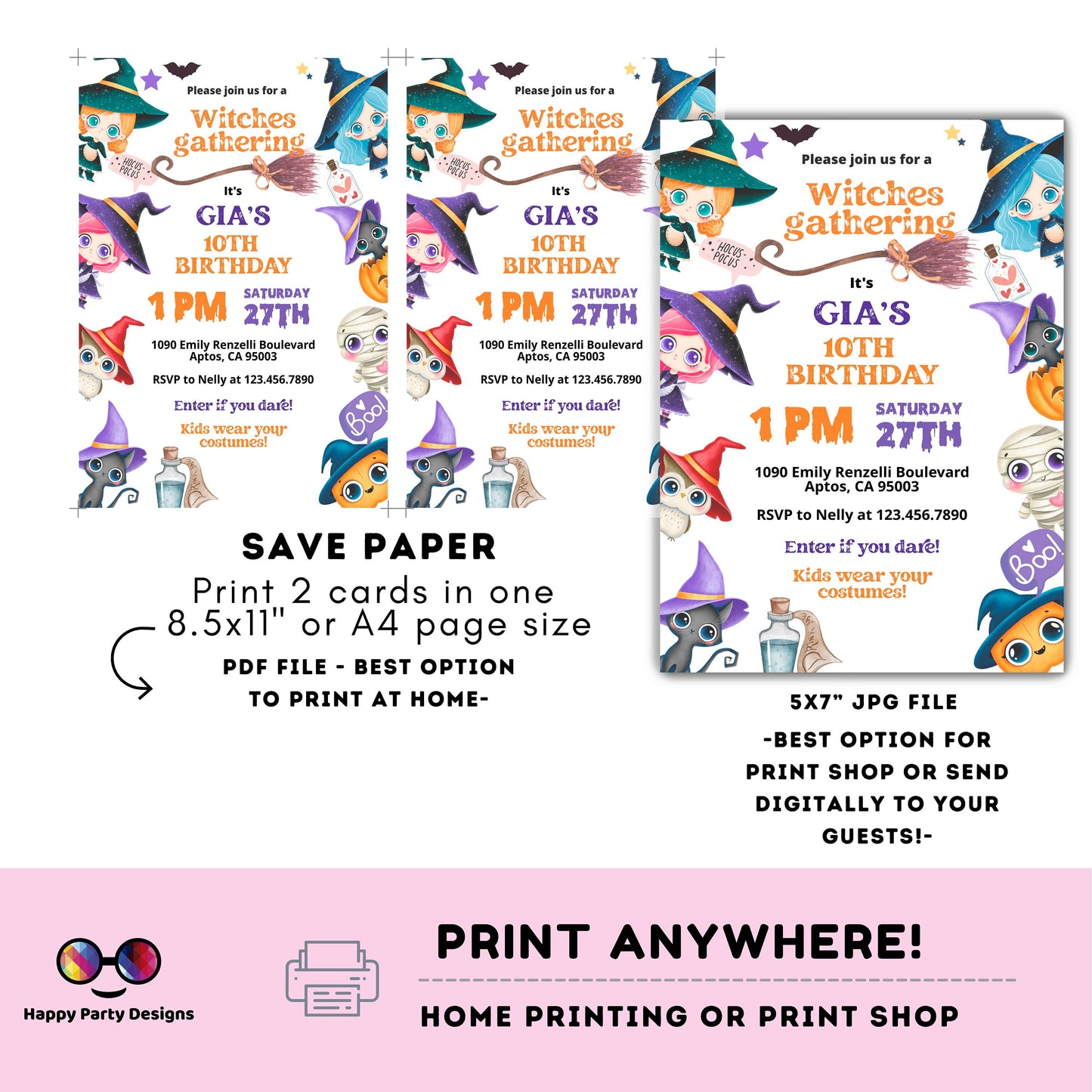 Halloween witches Party Invitation | Editable kids Halloween party | Little Witch Halloween Birthday Party Invitation | costume #K195