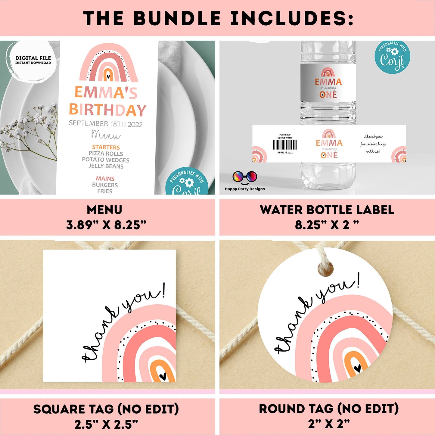 EDITABLE Boho Rainbow invitation bundle | First birthday | Boho Rainbow first Birthday | Boho rainbow Bundle | Boho rainbow party decor #K19