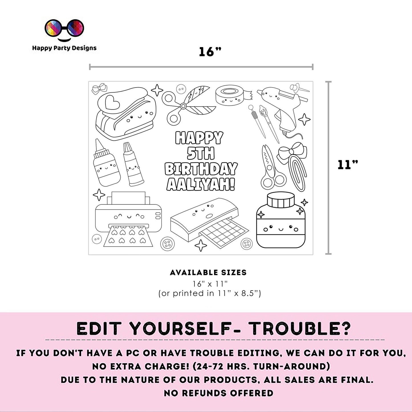Editable Crafts Birthday coloring page | Placemat coloring page | Any Age | Crafts birthday Party Activity | Crafty bag filler #K162