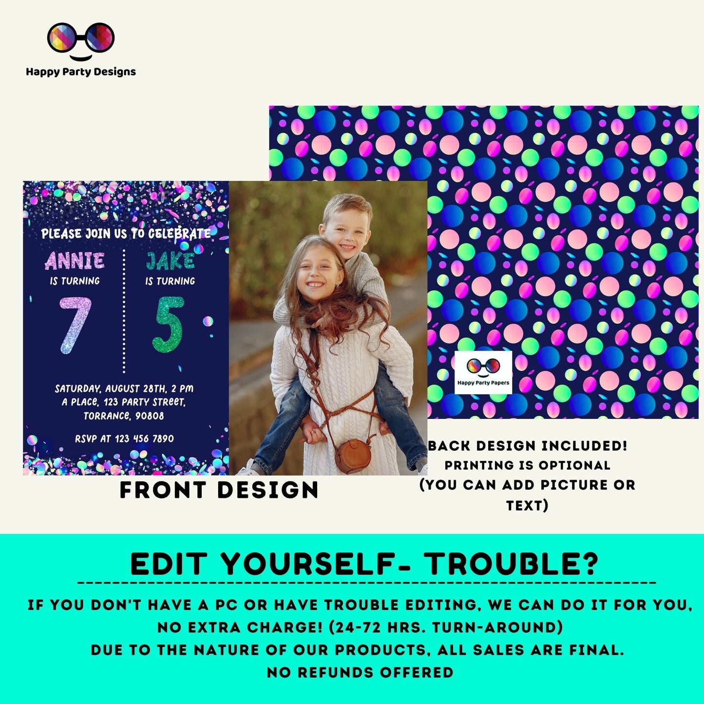 EDITABLE Sibling birthday invitations with picture | any age! double birthday invitations | sibling party invitations | double party #K198