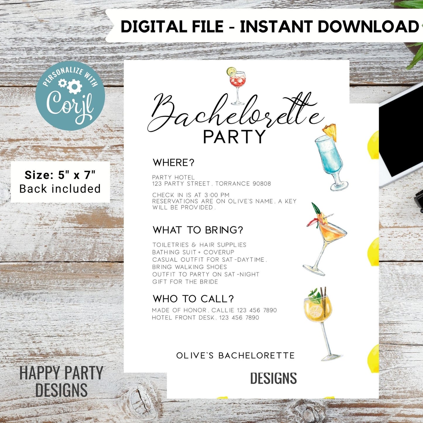 Editable minimalist Cocktails bach Invitation | Bridal Party Invitation Template| Bachelorette Invite | Let’s Have a Drink or Two #W8