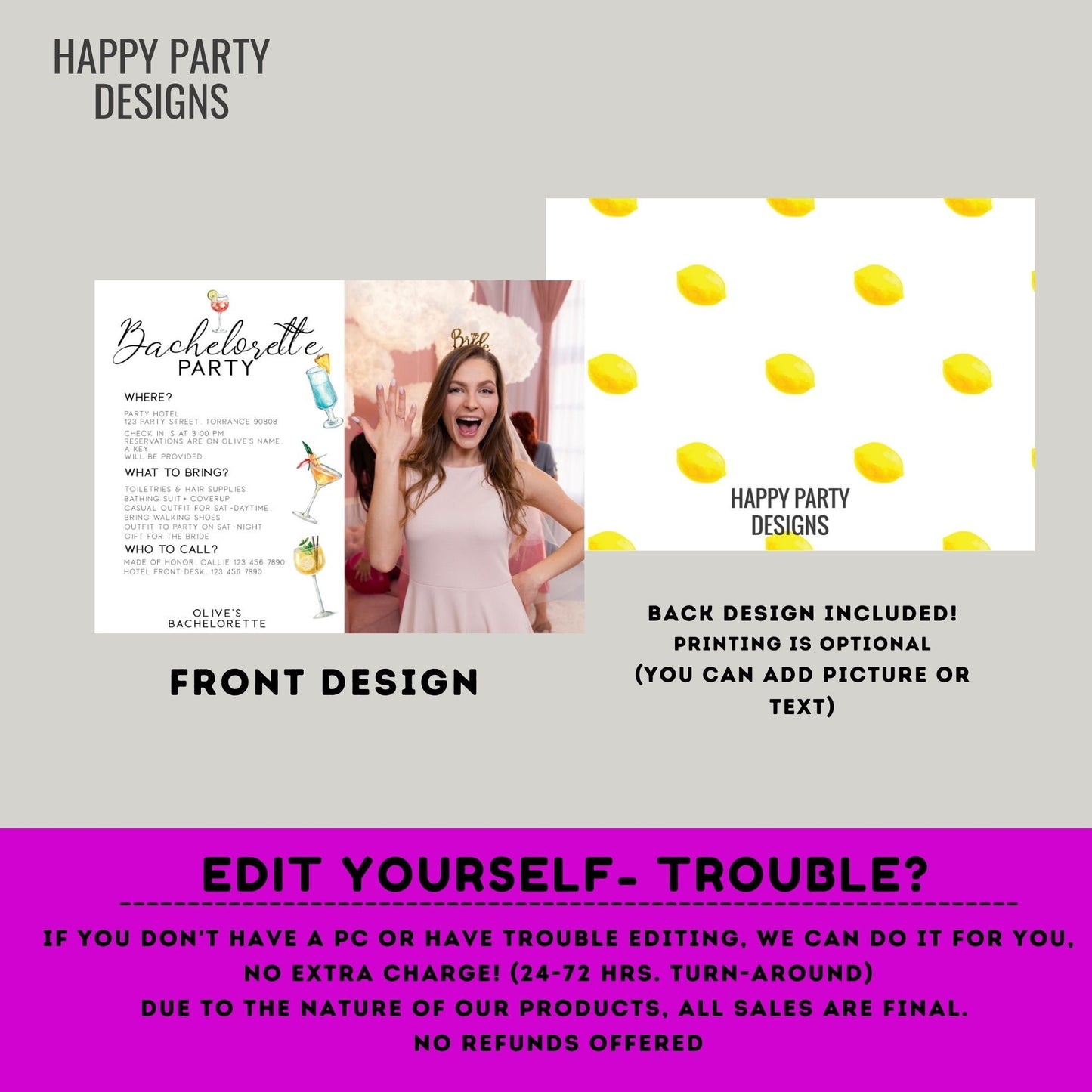 Editable minimalist Cocktails bach Invitation with photo | Bridal Party Invitation Template | Bach Invite | Let’s Have a Drink or Two #W8