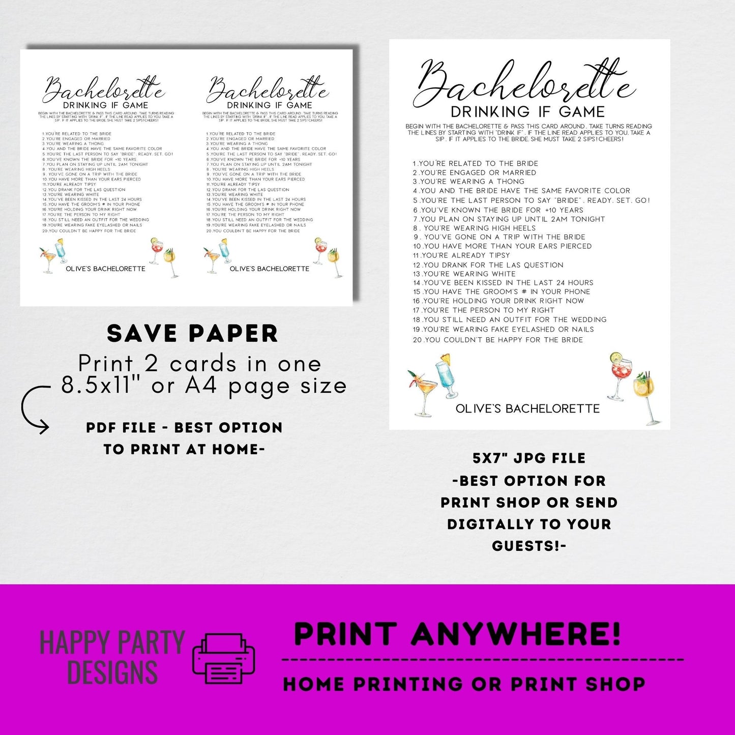Editable minimalist Cocktails bach party games | Bachelorette Drink If Game Template | Let’s Have a Drink or Two Bachelorette game #W8