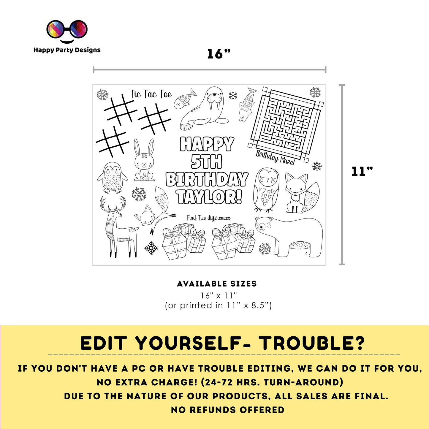 Editable Winter animals coloring page | Placemat coloring page | Any Age | Artic Animals birthday | Party Activity. #K115