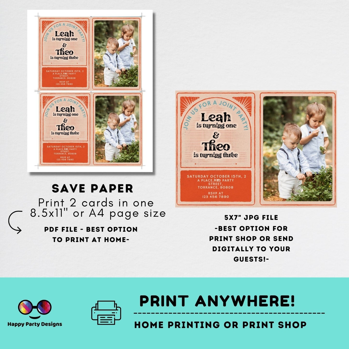 Joint Birthday Invitation Template with photo | Sibling Birthday Invitation | Twins invitation | Arched Photo Birthday Invite | retro #K200