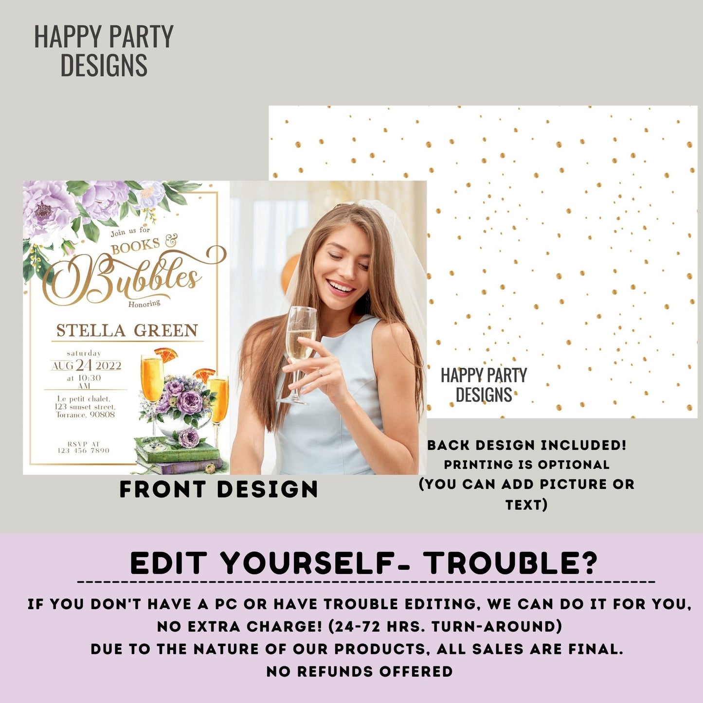 Books and bubbles Themed Bridal Shower Invitation with photo | Love Story Bridal Shower Invitation | Bridal Brunch Wedding Shower #W9