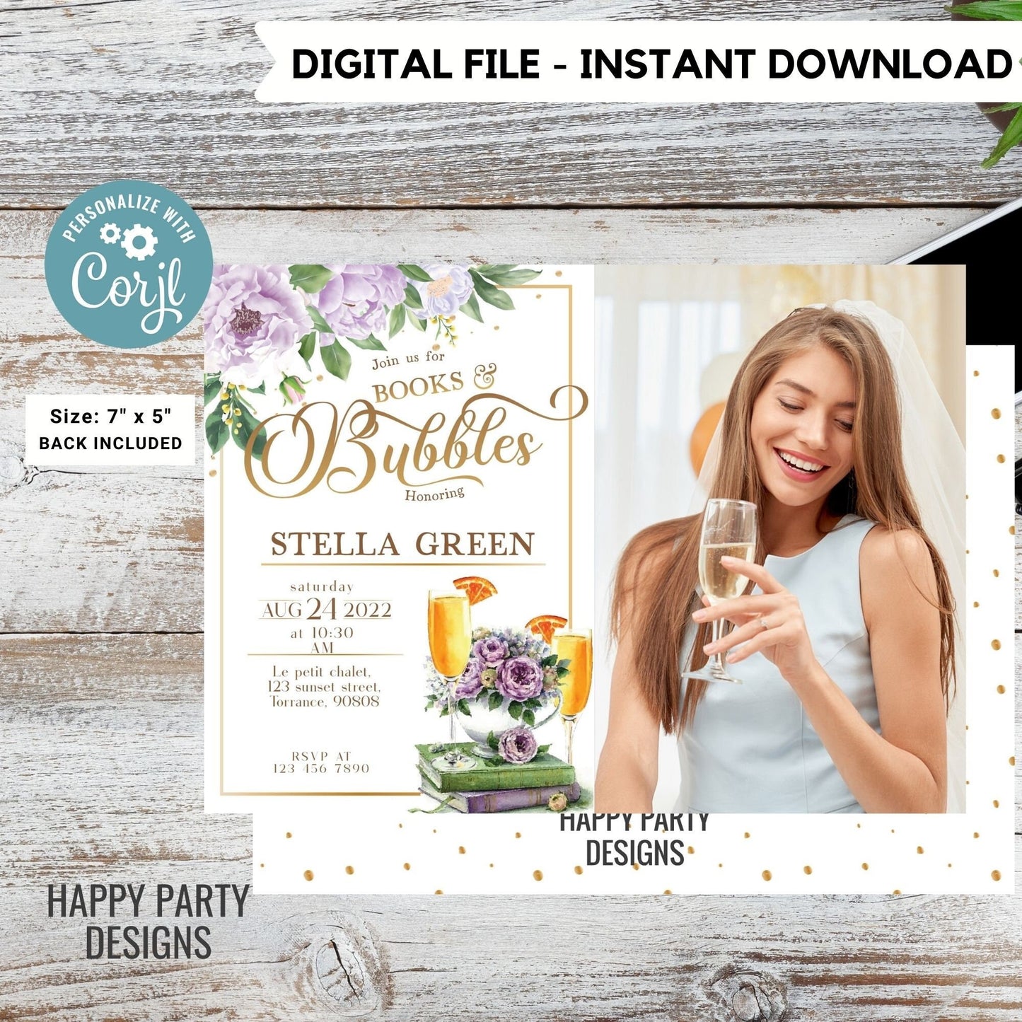 Books and bubbles Themed Bridal Shower Invitation with photo | Love Story Bridal Shower Invitation | Bridal Brunch Wedding Shower #W9