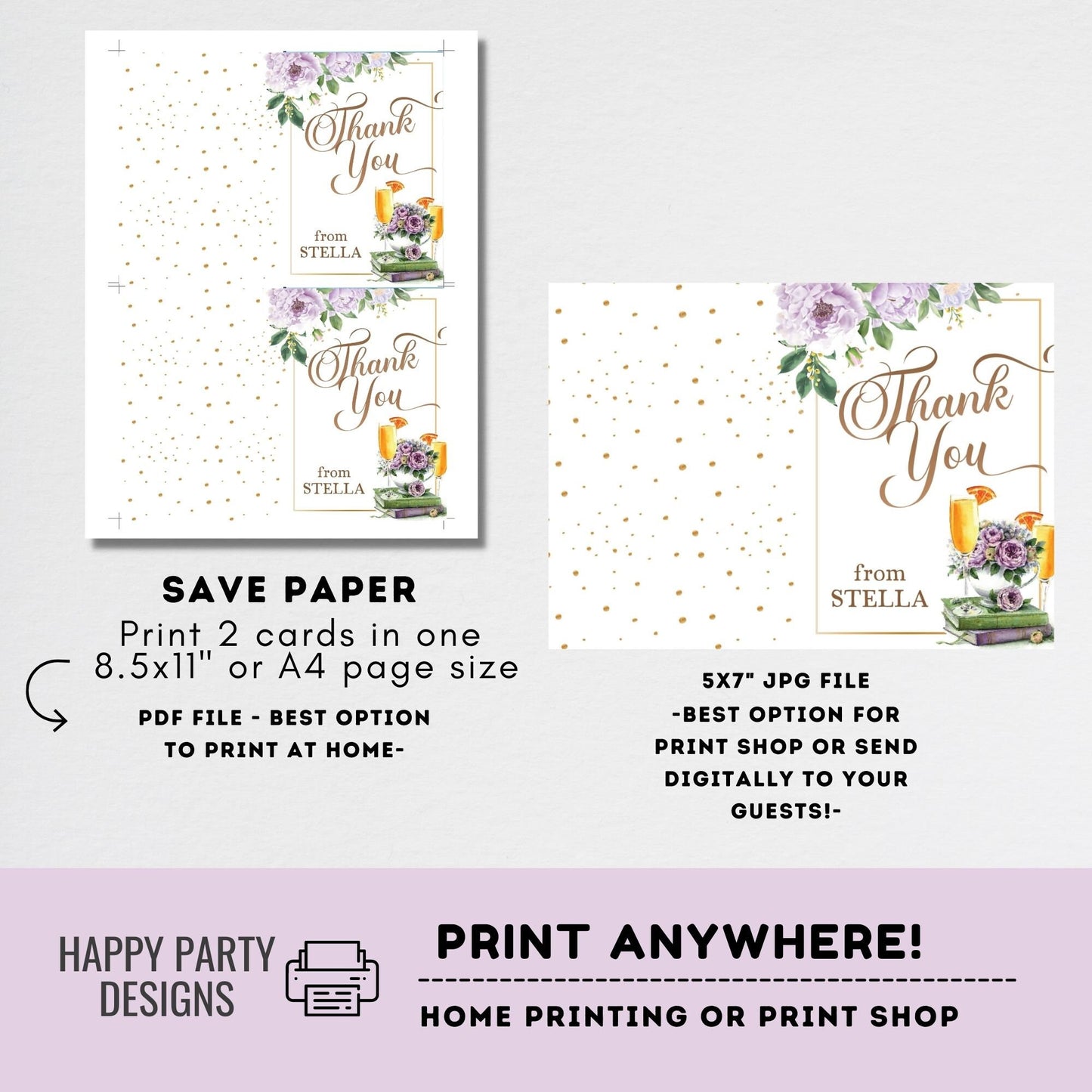 Editable Books and mimosas Themed Thank You Card | Bridal Shower | Baby Shower | Folded Notes Blank Inside | Printable brunch Thank You #W9