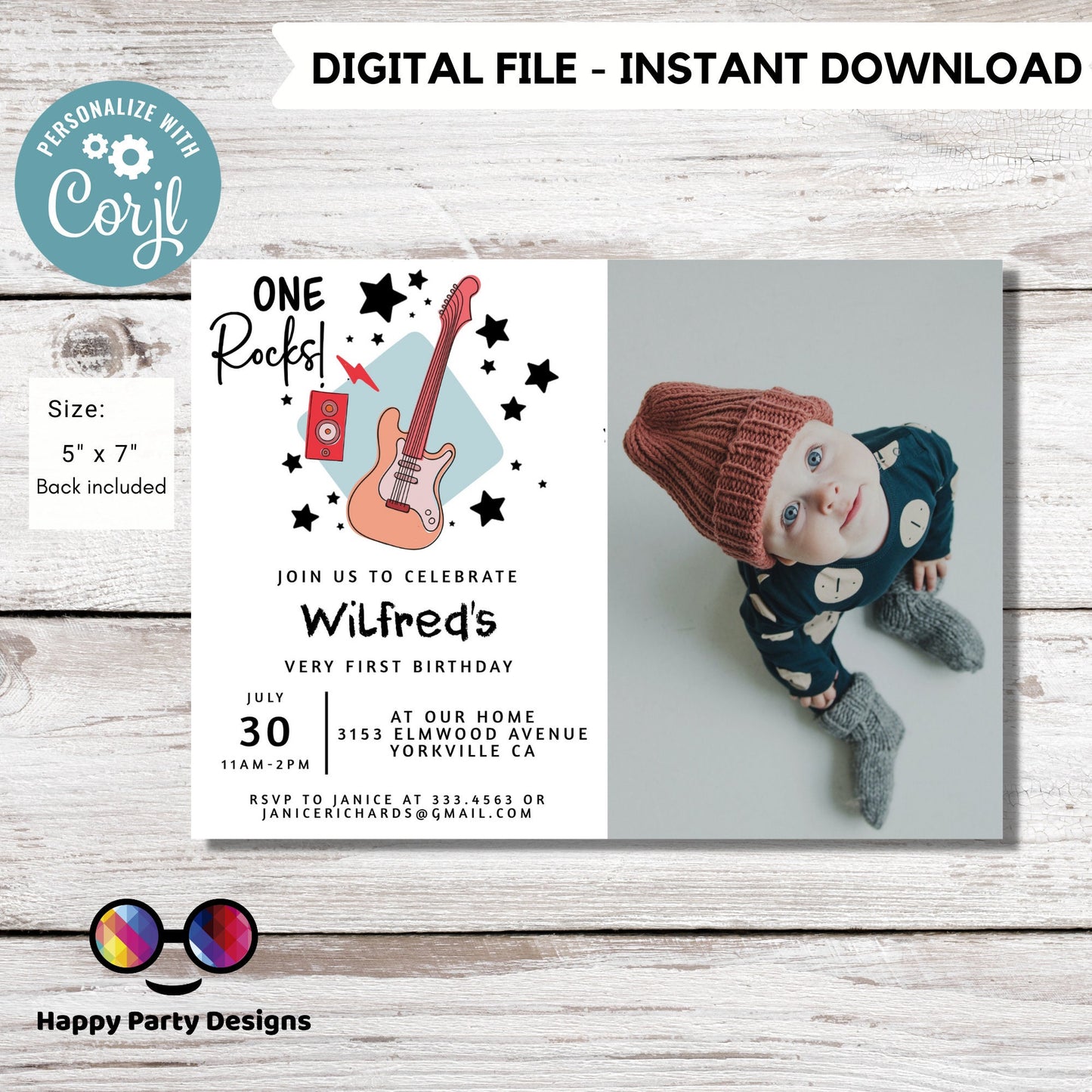One Rocks Baby 1st Birthday Invitation with picture | First Birthday Invite | Rocked One Year Birthday Invitation | First Bday Invite #K155