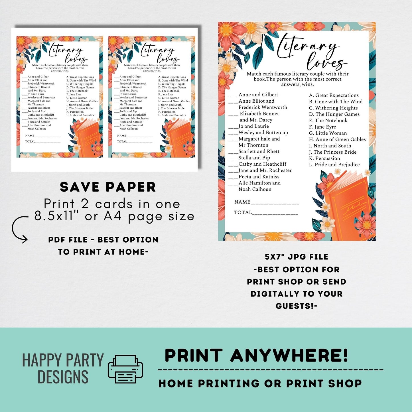 Editable Literary loves books game| Editable Bridal Shower Book Characters Game | book shower game | bridal shower| latte shower | #A13
