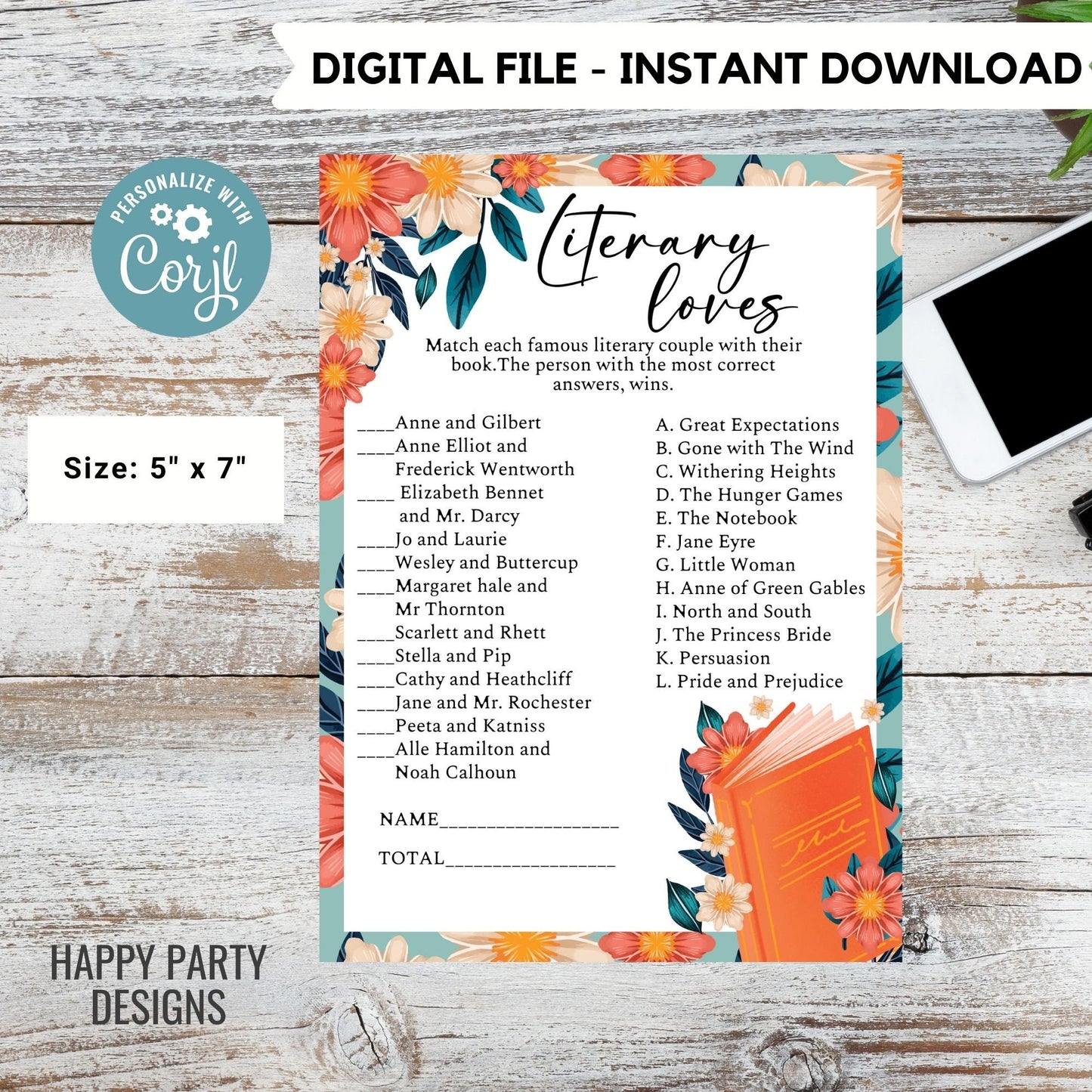 Editable Literary loves books game| Editable Bridal Shower Book Characters Game | book shower game | bridal shower| latte shower | #A13