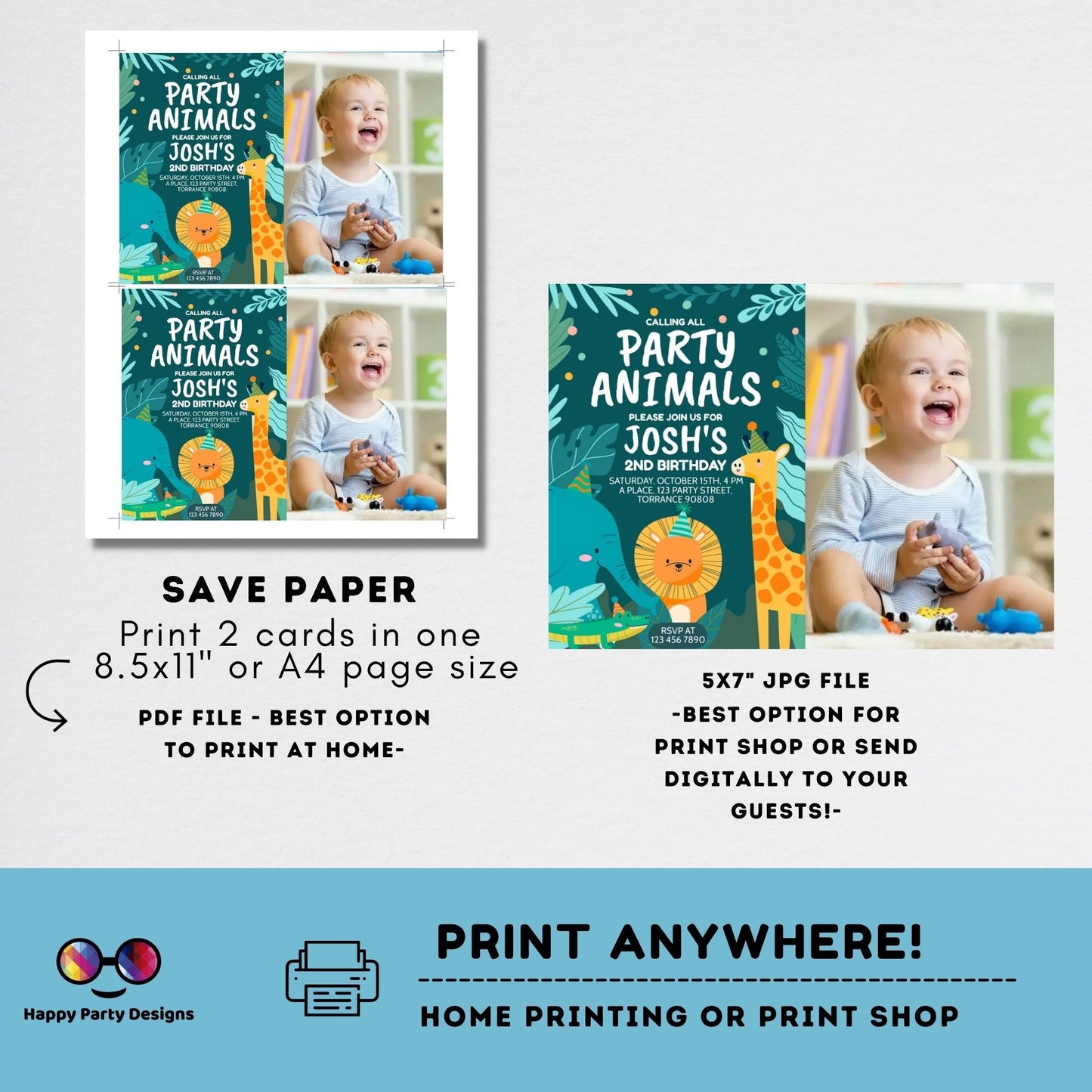 Editable party animals Birthday invitation with photo | Green Birthday | Wild animals | invitation zoo safari | digital invitation #K202