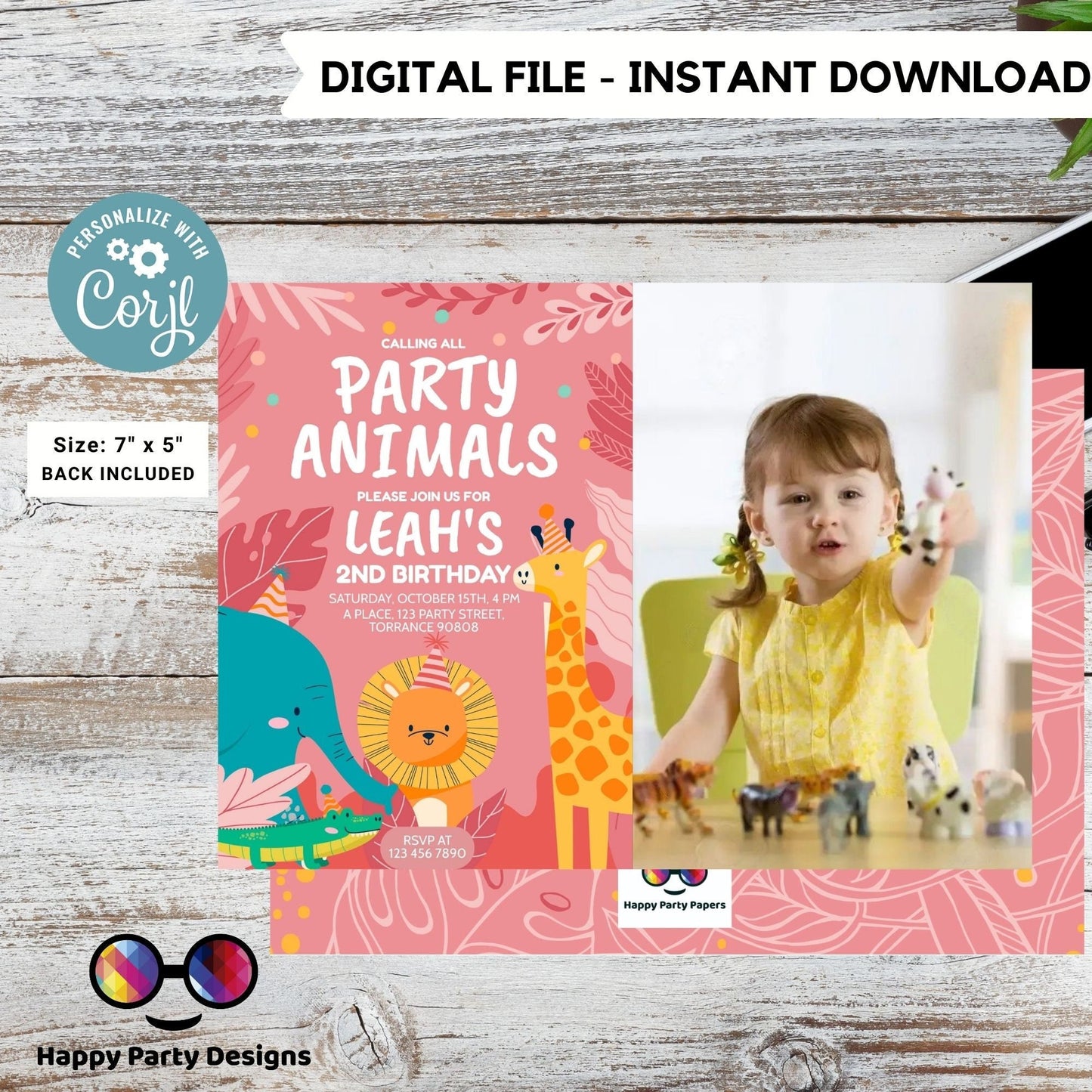 Editable party animals Birthday invitation with photo | Wild animals | invitation zoo safari | digital invitation | birthday girl #K202