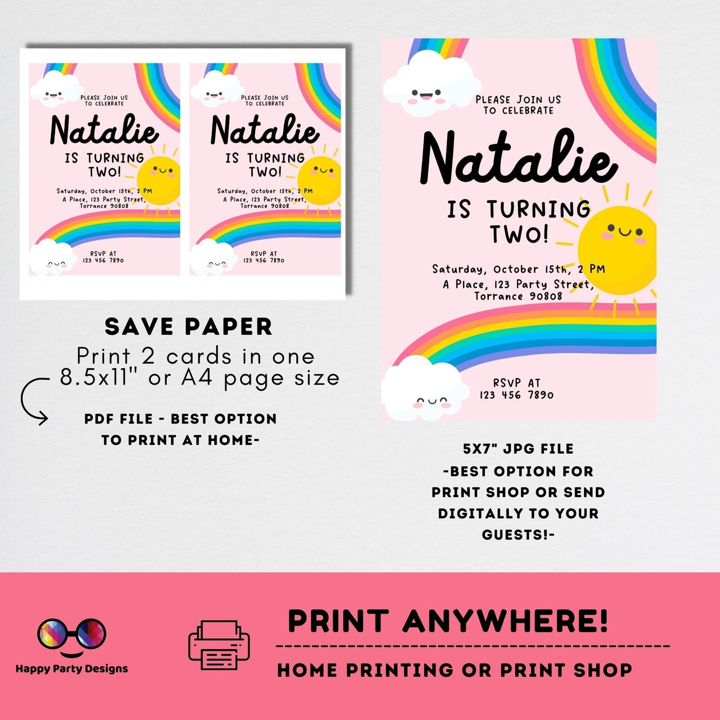 Editable Rainbow Birthday Party Invitation | Instant Download Rainbow Birthday Party Invitation | Rainbow Birthday | Pastel colors #K204