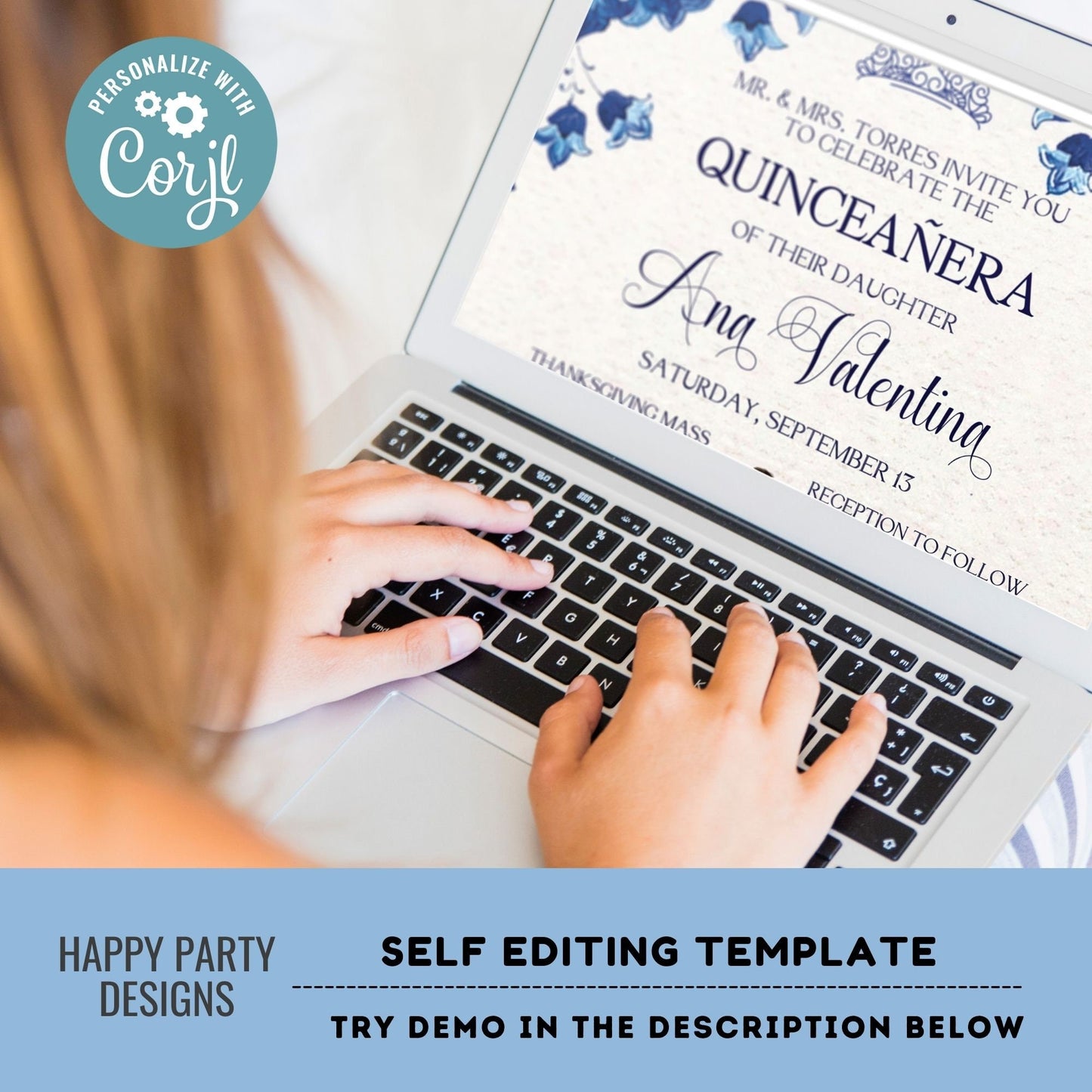 Editable Royal Blue Floral Quinceañera Invitation | EDITABLE TEMPLATE Mis Quince 15 | 16th Birthday Instant Download | Girl Birthday #K169