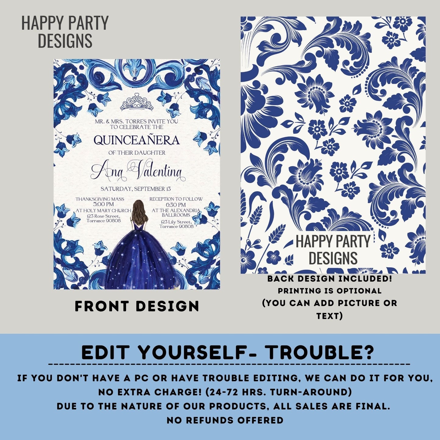Editable Royal Blue Floral Quinceañera Invitation | EDITABLE TEMPLATE Mis Quince 15 | 16th Birthday Instant Download | Girl Birthday #K169