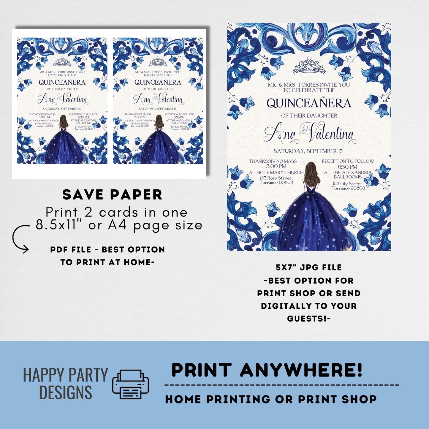 Editable Royal Blue Floral Quinceañera Invitation | EDITABLE TEMPLATE Mis Quince 15 | 16th Birthday Instant Download | Girl Birthday #K169