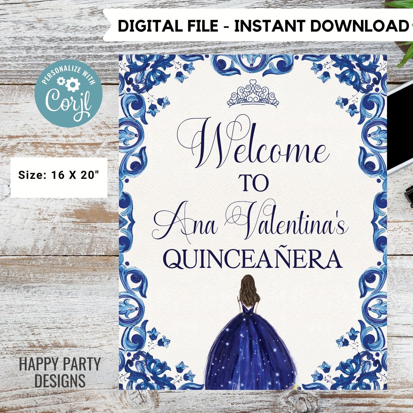 EDITABLE Quinceañera Welcome Sign | Template | Birthday | Sweet 16 | Instant Download Signage | Royal Blue Flower | Mis Quince Anos #K169