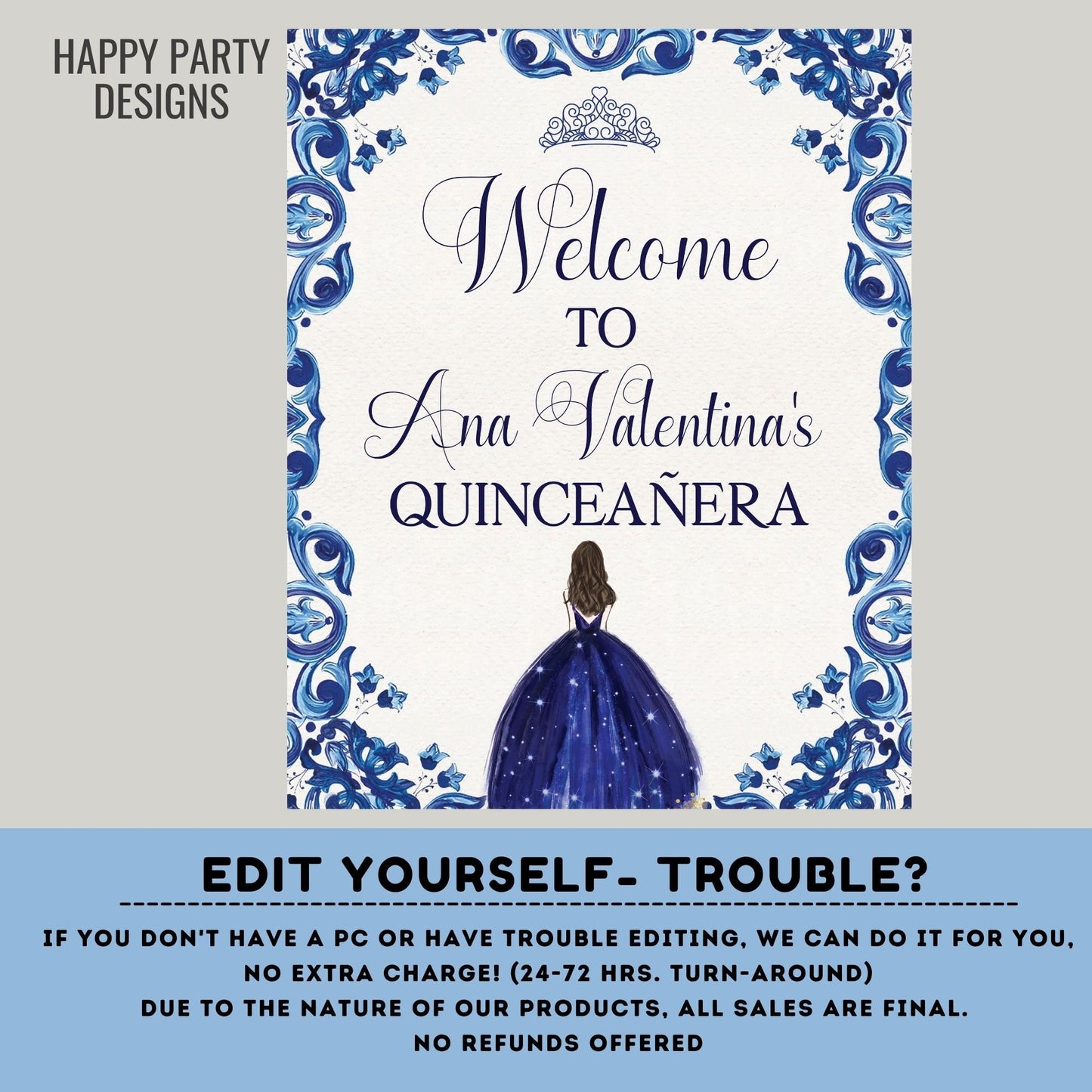 EDITABLE Quinceañera Welcome Sign | Template | Birthday | Sweet 16 | Instant Download Signage | Royal Blue Flower | Mis Quince Anos #K169