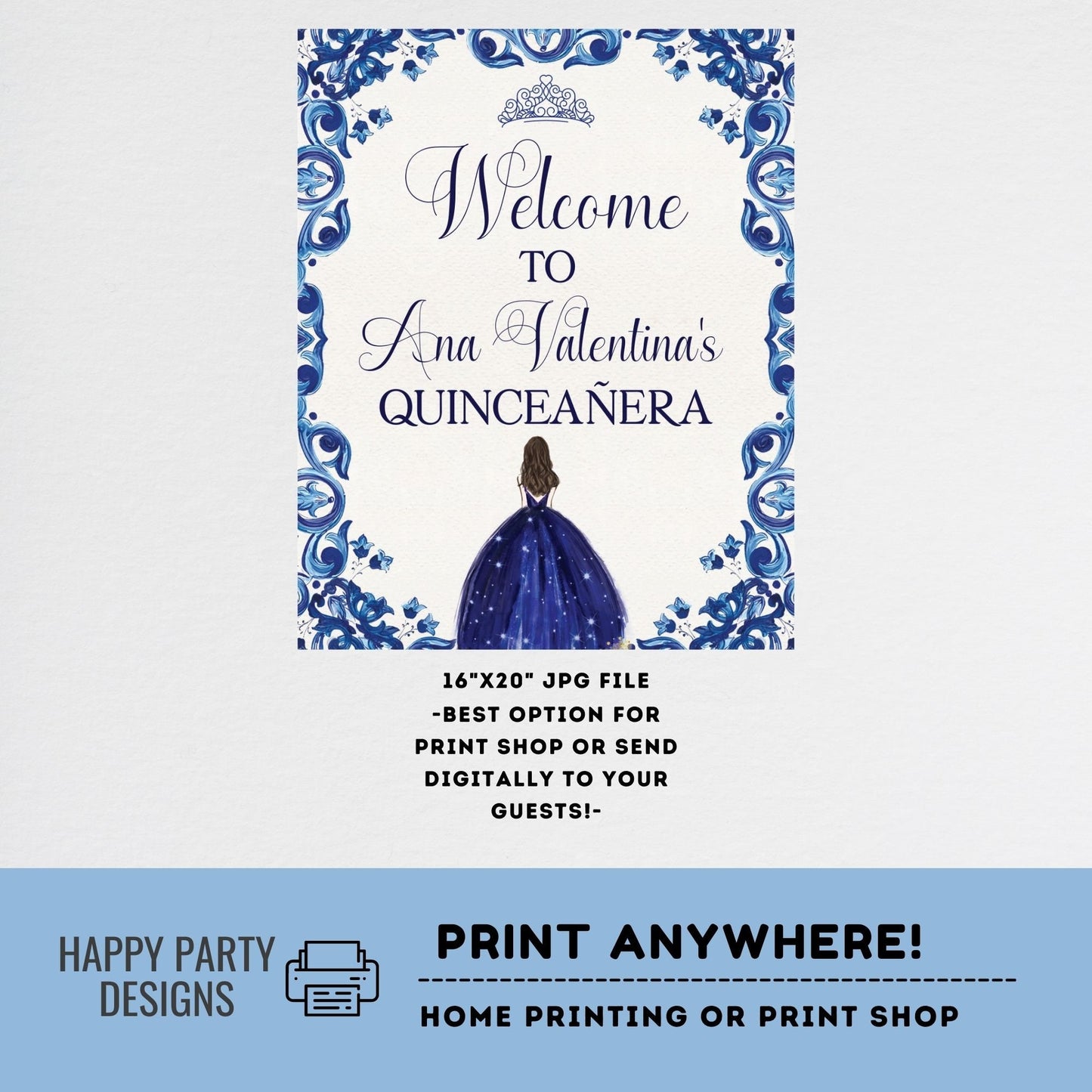 EDITABLE Quinceañera Welcome Sign | Template | Birthday | Sweet 16 | Instant Download Signage | Royal Blue Flower | Mis Quince Anos #K169
