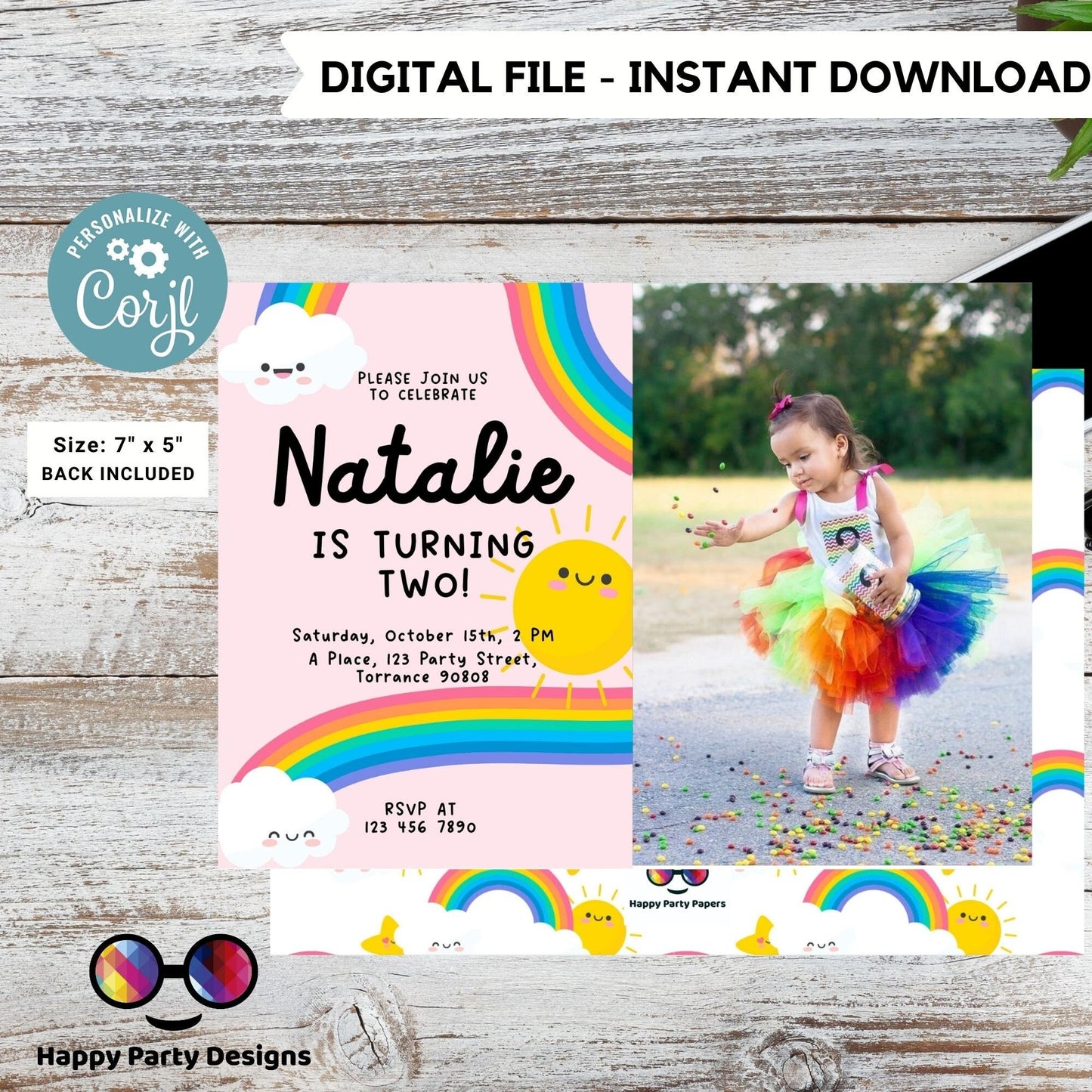 Editable Rainbow Birthday Party Invitation with photo | Instant Download Rainbow Birthday Party Invitation | Rainbow Birthday #K204
