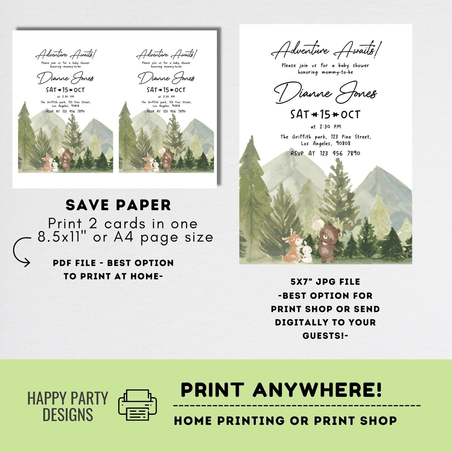 Editable Woodland Baby Shower Invitation | Adventure awaits Baby Shower Invite | teddy bear, bunny, reindeer | greenery baby shower #B35