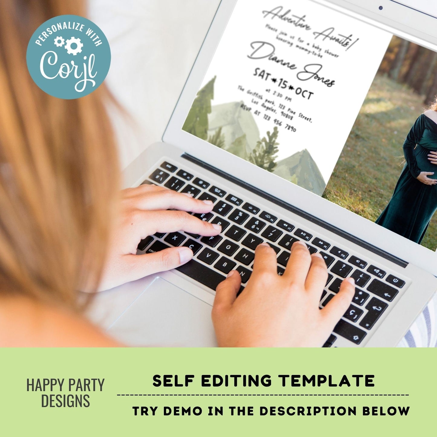 Editable Woodland Baby Shower Invitation with picture | Adventure awaits Baby Shower Invite | teddy bear, bunny, reindeer #B35