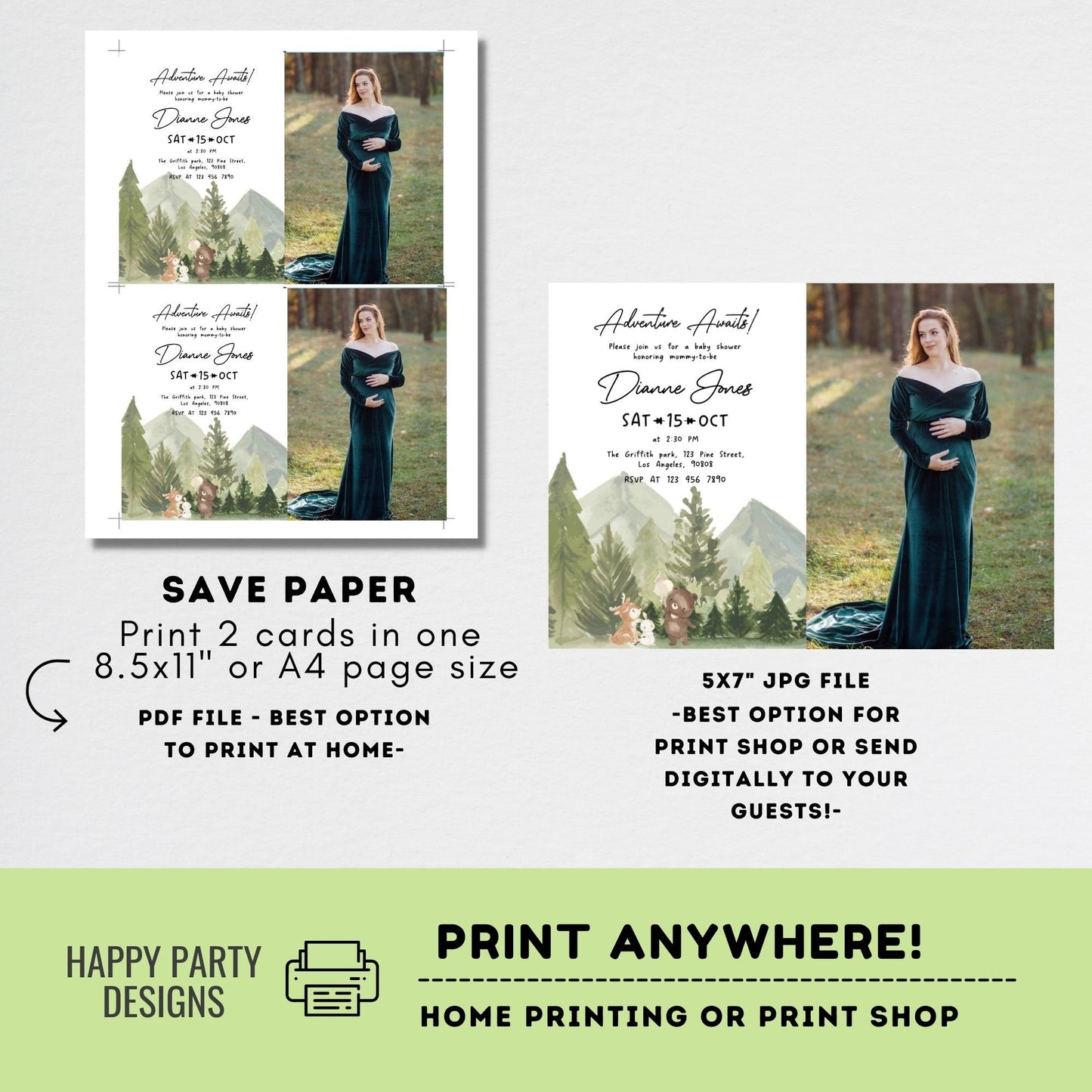 Editable Woodland Baby Shower Invitation with picture | Adventure awaits Baby Shower Invite | teddy bear, bunny, reindeer #B35