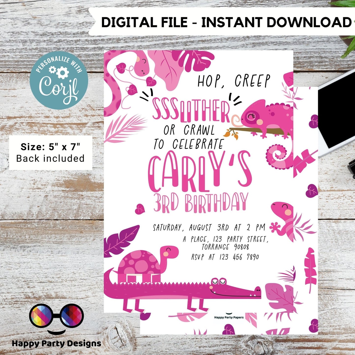 Editable Reptile Invitation | girl Reptile Birthday Invitation Printable | Snake Invitation | Lizard Invitation | Reptile Party Invite #K170