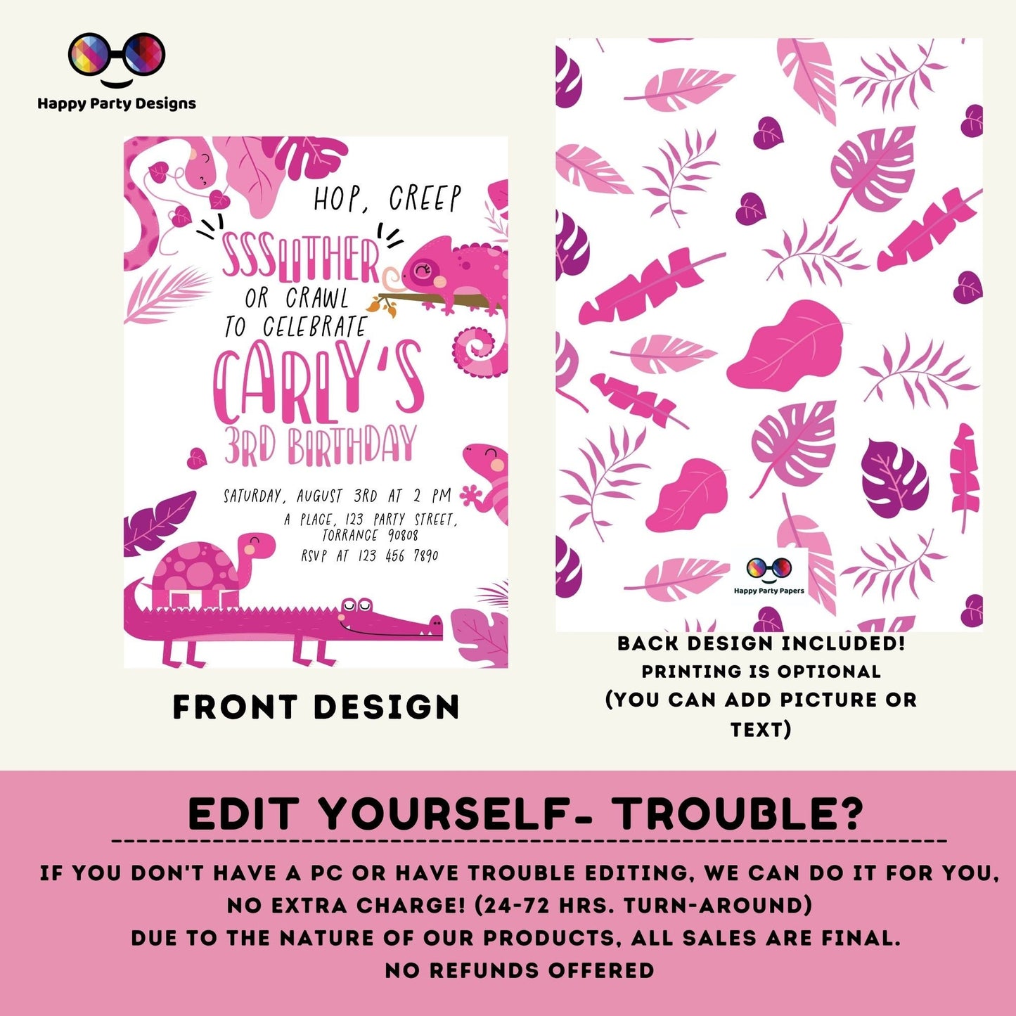 Editable Reptile Invitation | girl Reptile Birthday Invitation Printable | Snake Invitation | Lizard Invitation | Reptile Party Invite #K170
