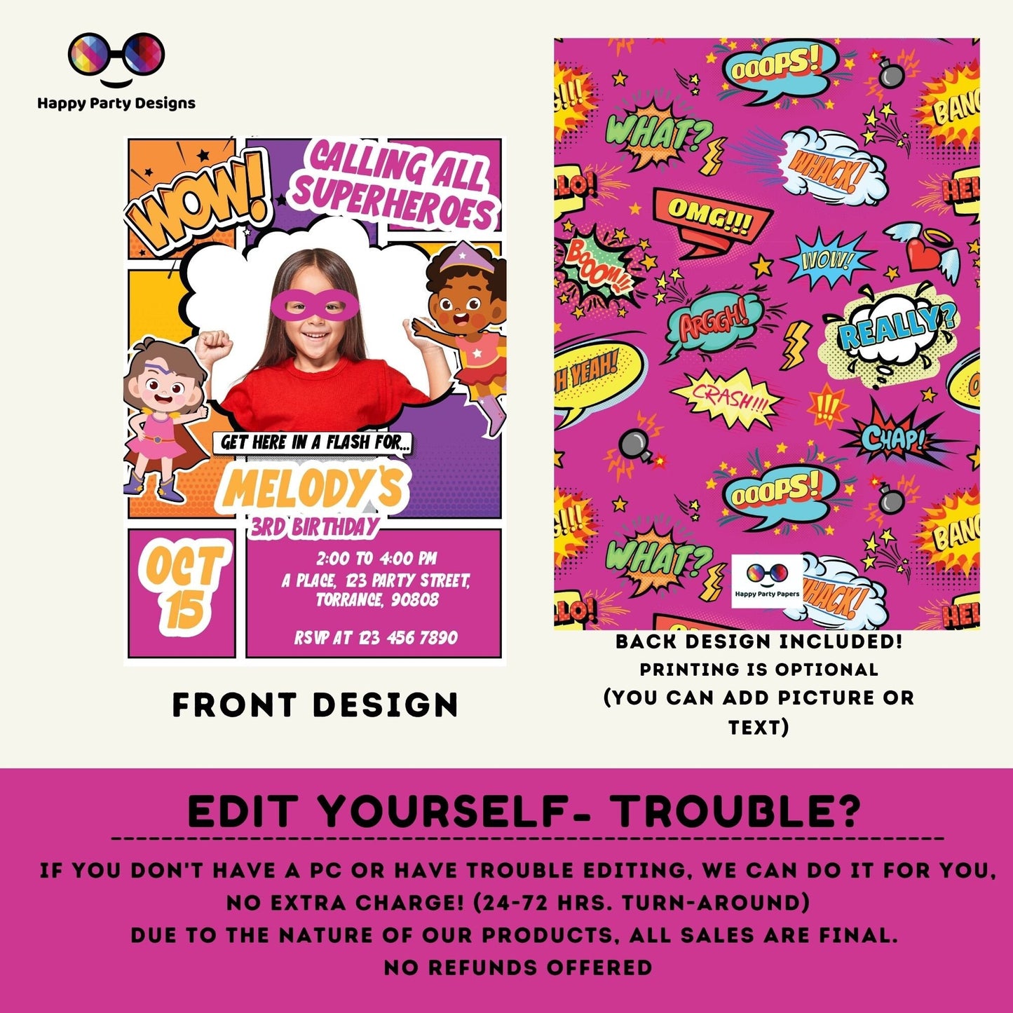 Girl Superhero Invitation with photo | girl Superhero Comic Birthday Invite | Birthday girl | girl Superhero Birthday Invitation #K171