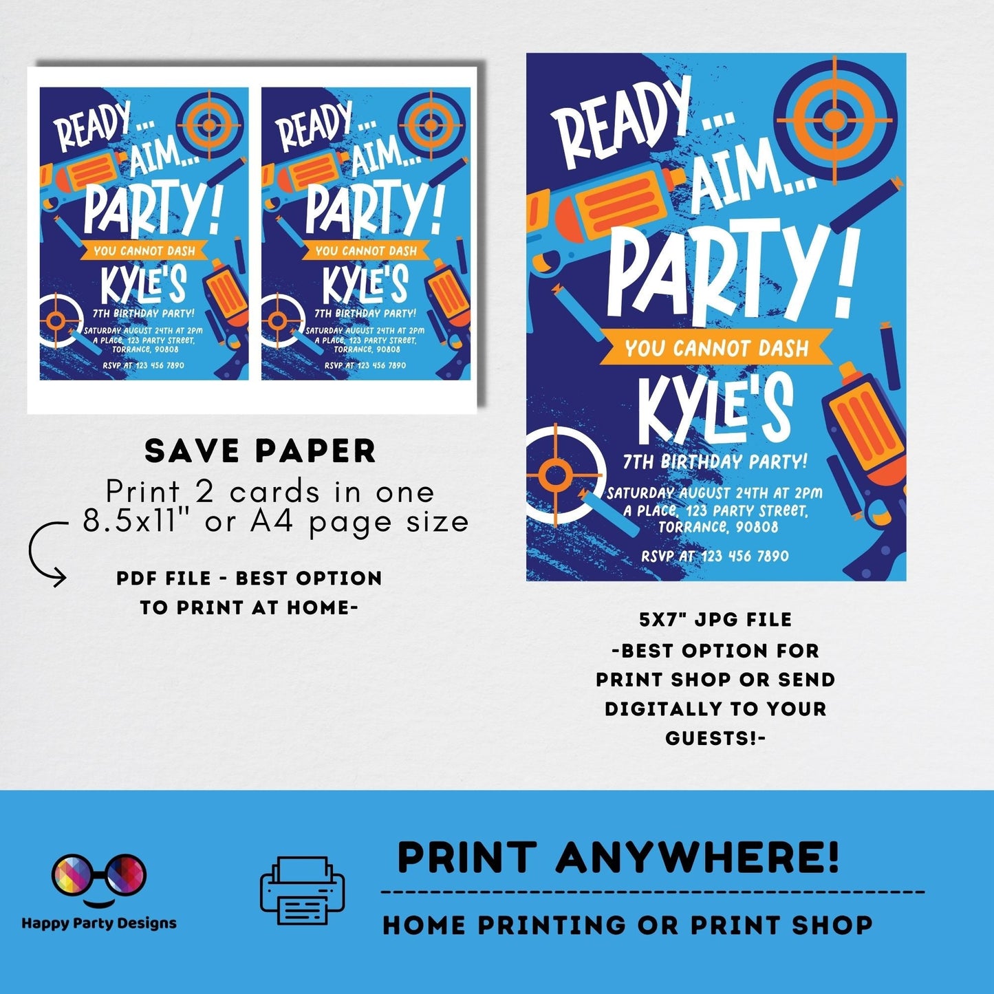 Kids Editable dart gun Birthday Invitation Template | Printable Birthday dart gun Party Invitations | Birthday boy Gun Blasters Battle #K172