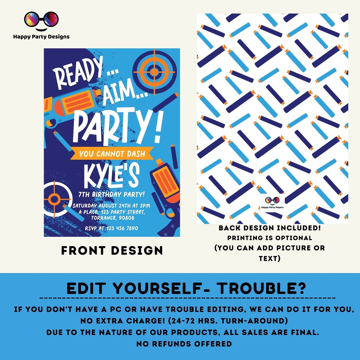 Kids Editable dart gun Birthday Invitation Template | Printable Birthday dart gun Party Invitations | Birthday boy Gun Blasters Battle #K172