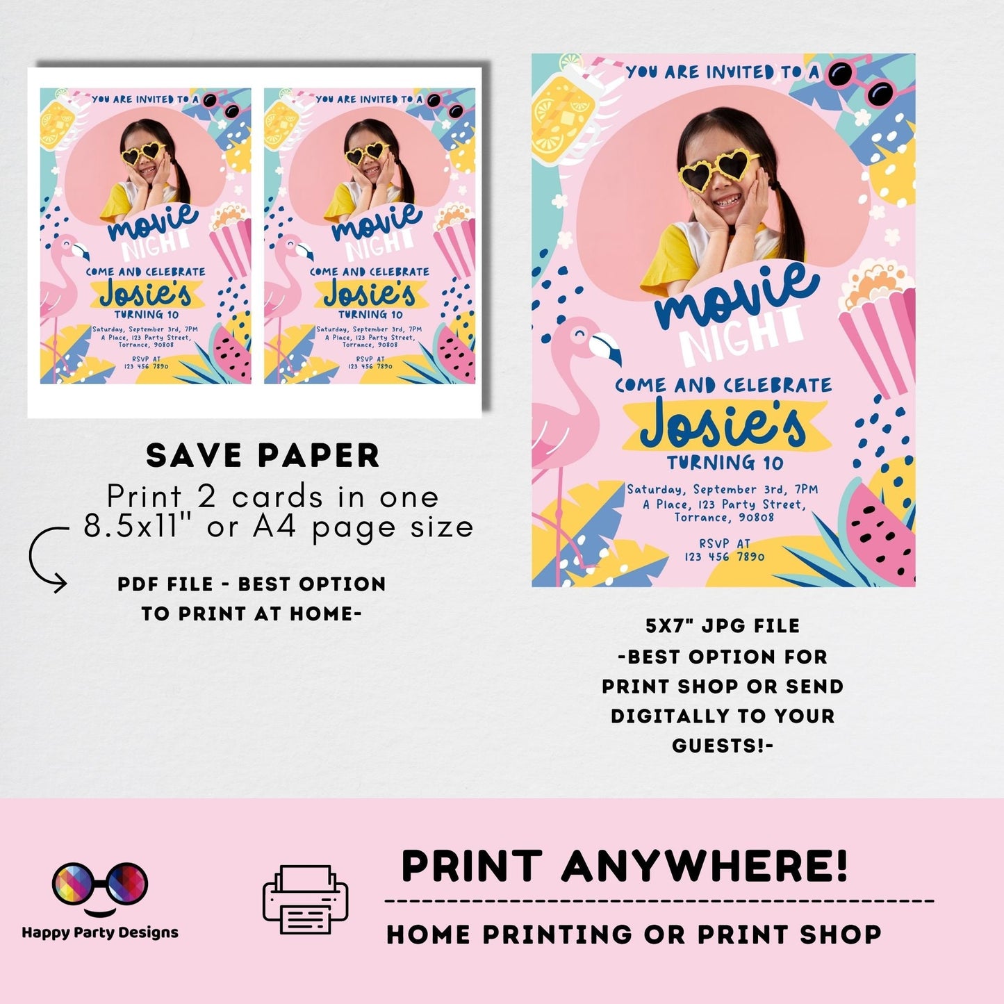 Movie party invitation | Editable summer movie backyard party printable invite | Birthday Girl | movie in the backyard | #K206