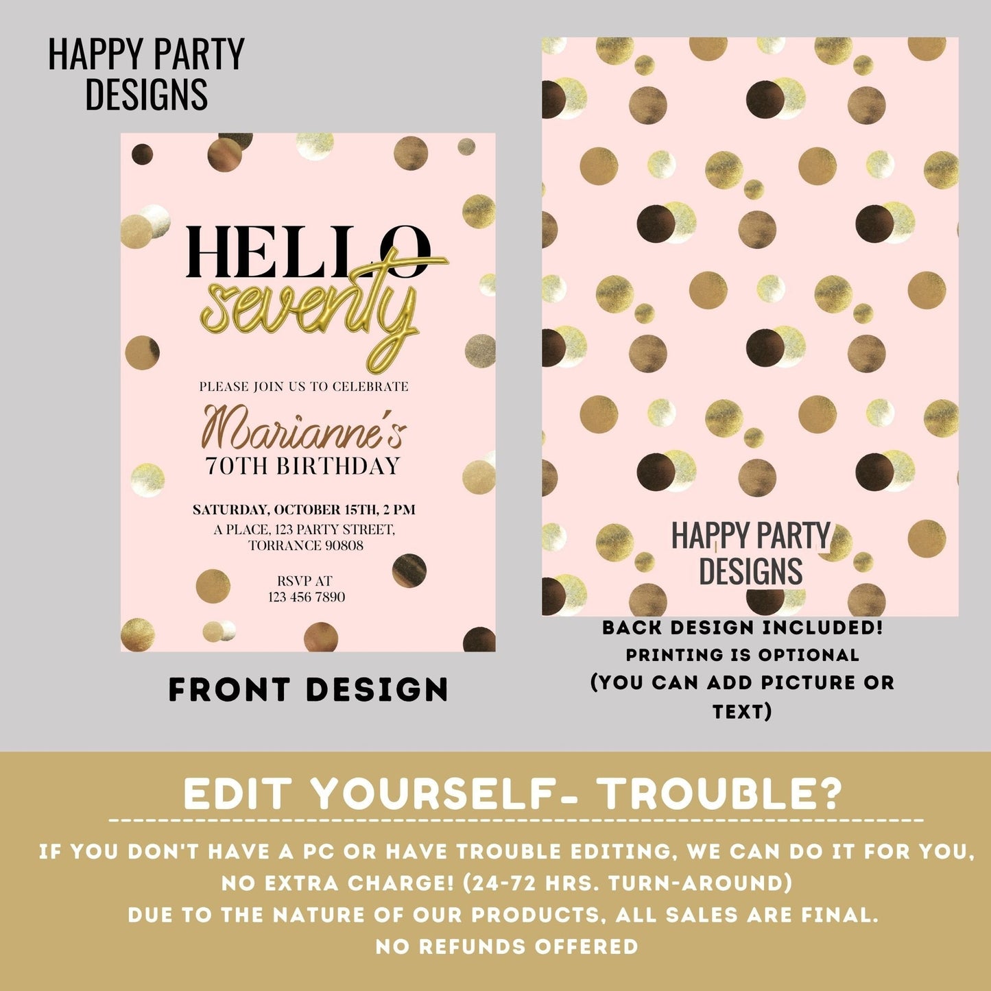Hello seventy invitation | woman birthday | 70th Birthday Invitation For Women | Printable 70th Birthday Party Invitation #A21