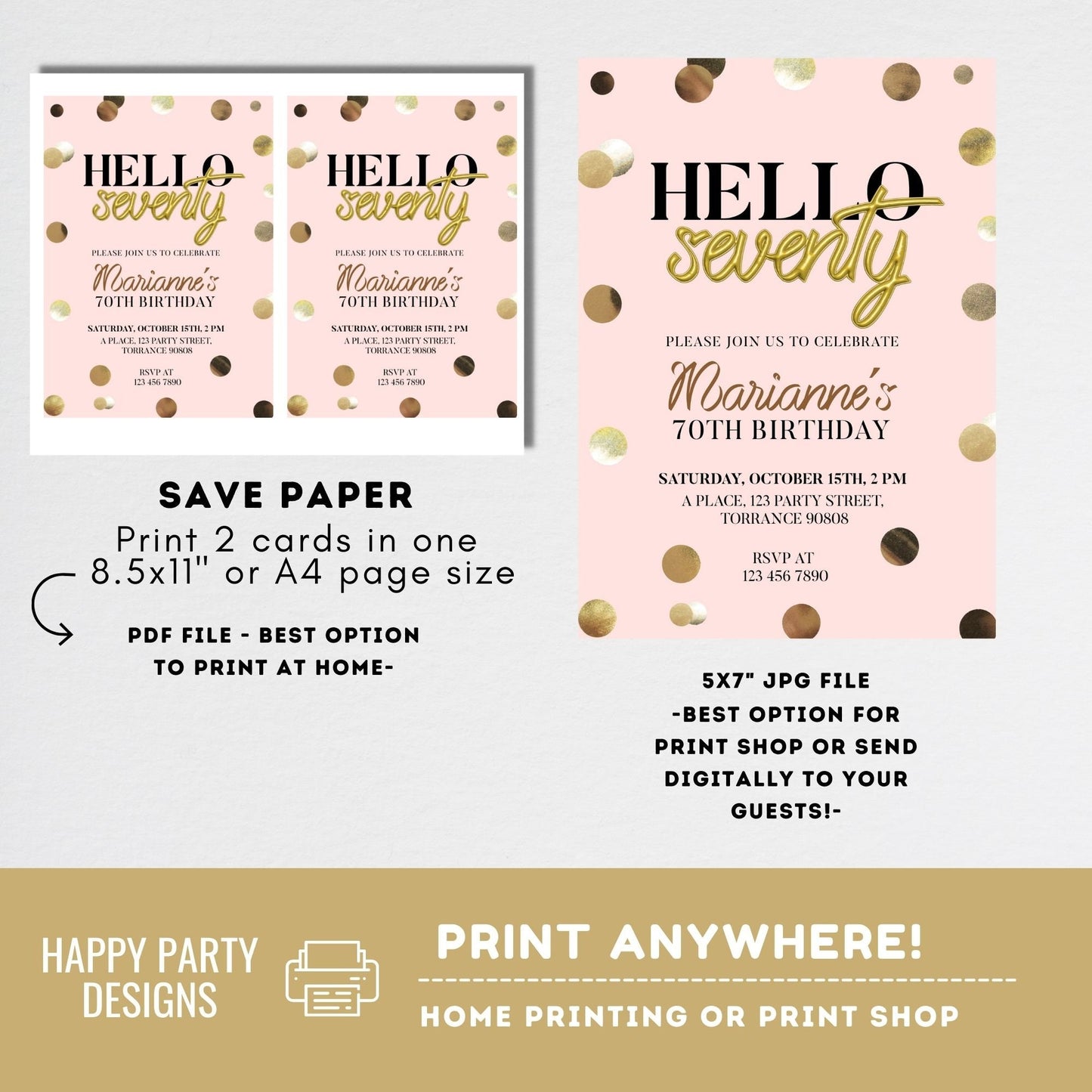 Hello seventy invitation | woman birthday | 70th Birthday Invitation For Women | Printable 70th Birthday Party Invitation #A21