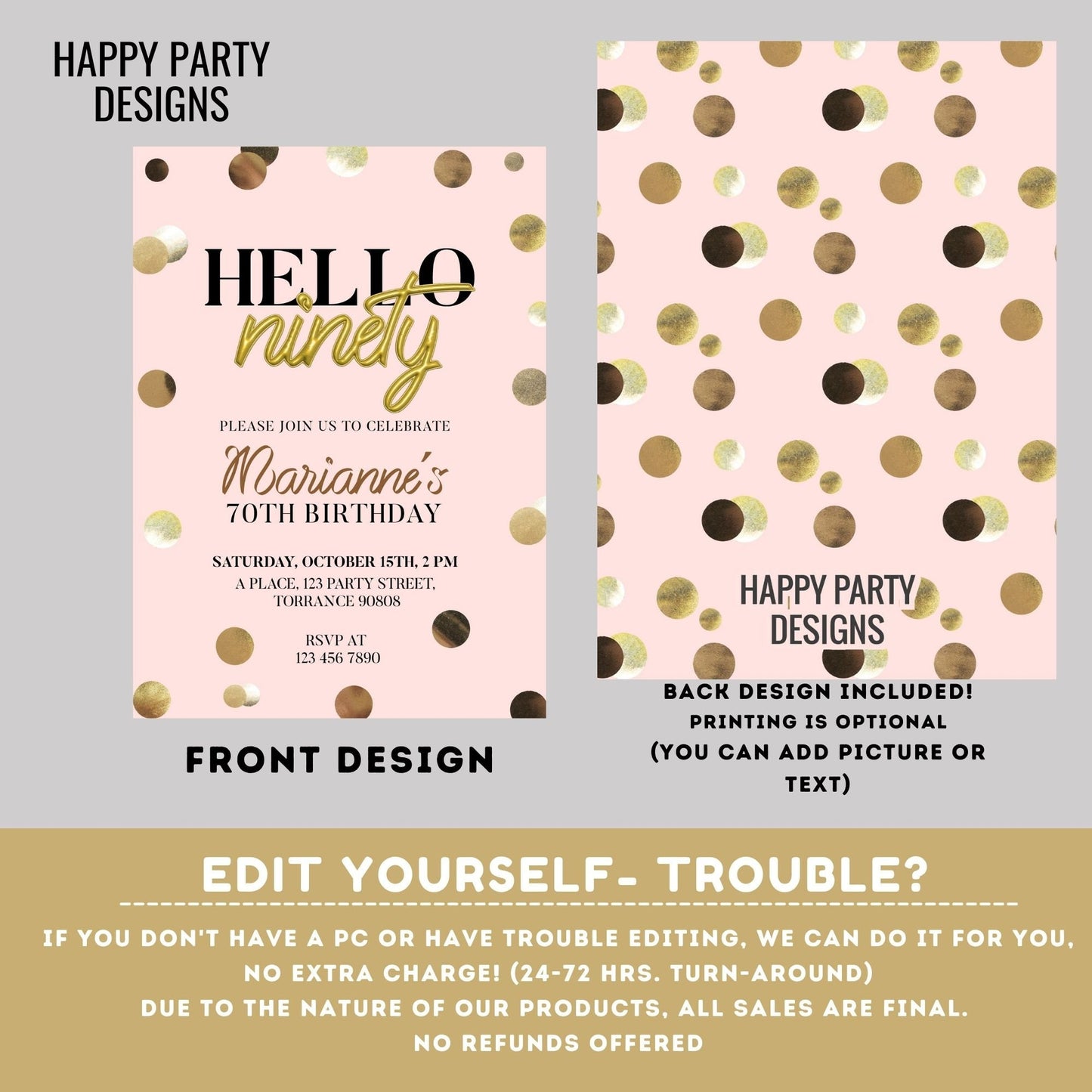 Hello ninety invitation | woman birthday | 90th Birthday Invitation For Women | Printable 90th Birthday Party Invitation #A23