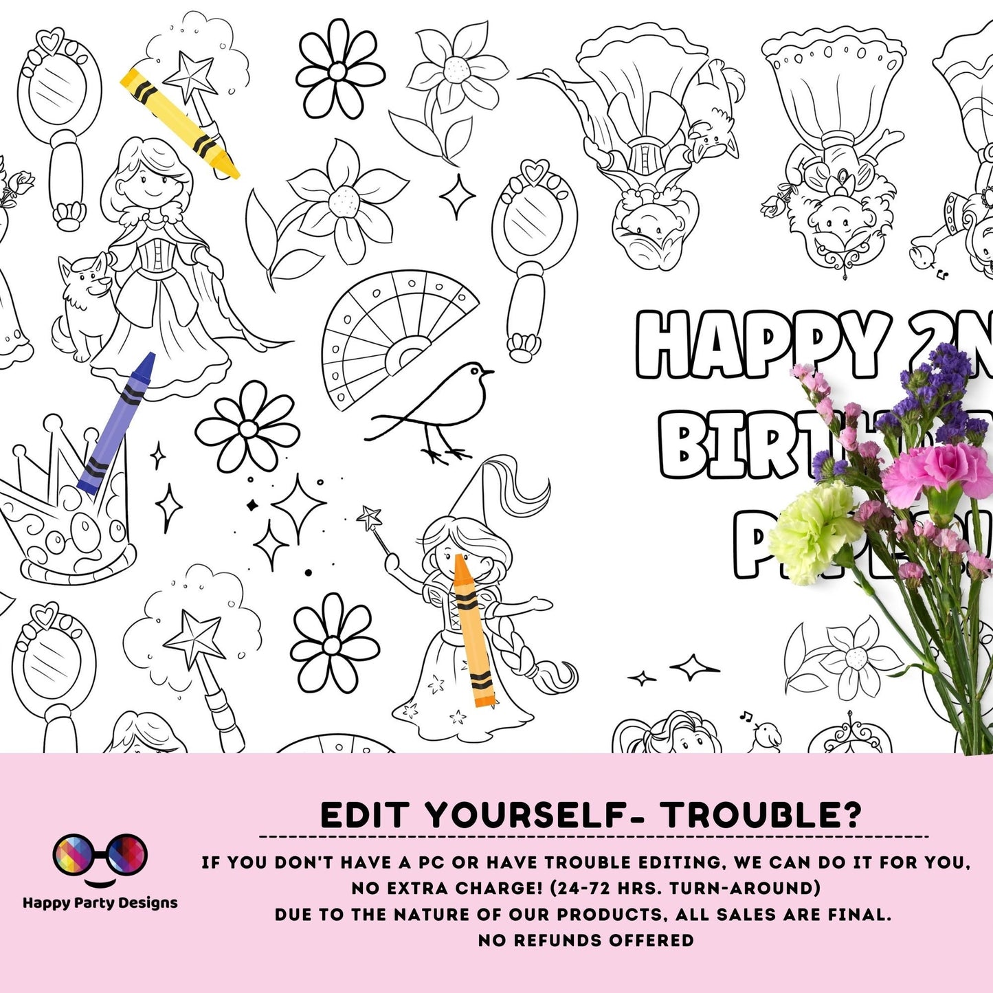 Princess XL table runner | Editable table runner coloring page | Any Age magical princesses birthday | table runner Party Activity #K184
