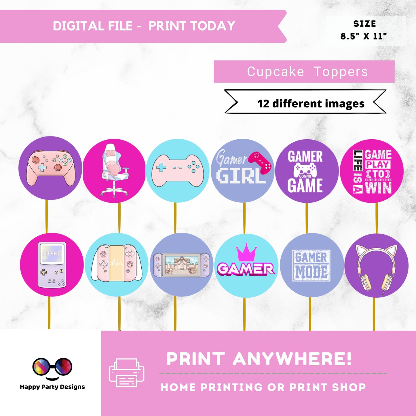 Video Gamer Cupcake toppers | Neon Video Gamer Birthday | Cupcake Toppers | Instant Download | Digital | Gamer Birthday Party | Pink Gamer