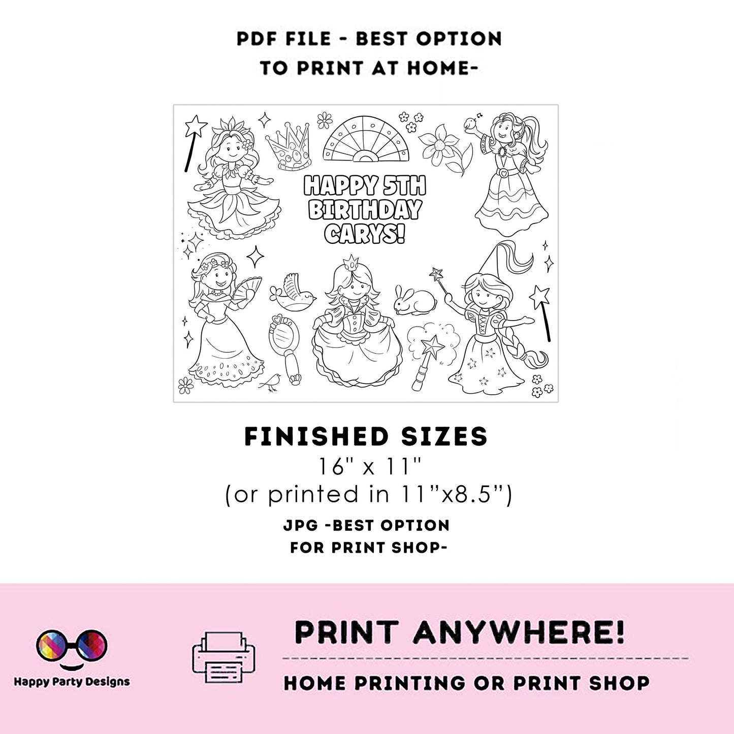 Editable Princess coloring page | magical princesses party | Princess coloring page | princess Birthday party favors | Any Age #K184