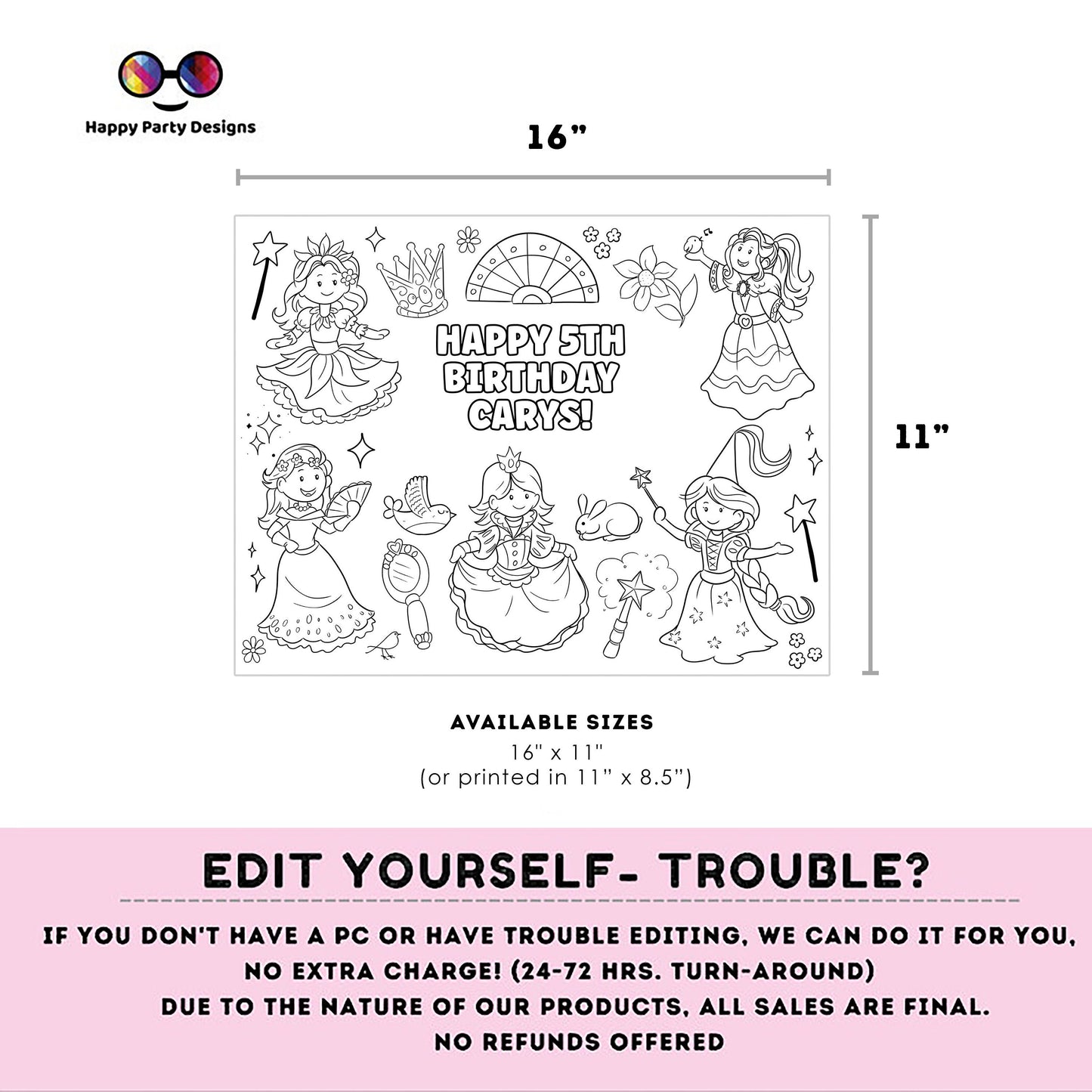 Editable Princess coloring page | magical princesses party | Princess coloring page | princess Birthday party favors | Any Age #K184