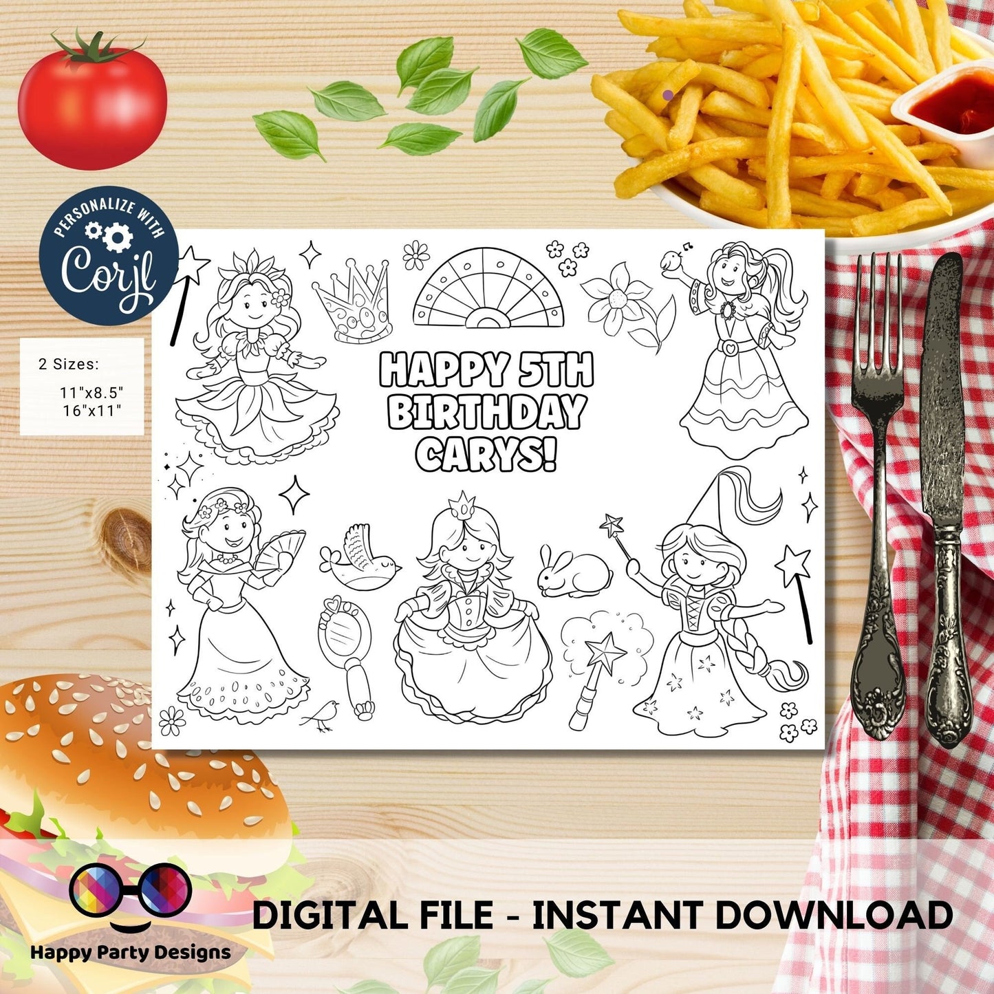 Editable Princess coloring page | magical princesses party | Princess coloring page | princess Birthday party favors | Any Age #K184