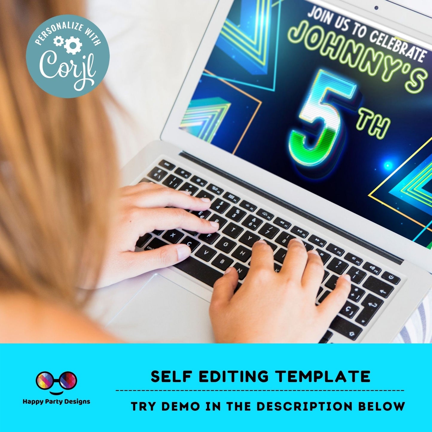 EDITABLE Boy 5th birthday invitation | Neon Glow in the dark Party | Birthday Boy | 5th Neon Green Blue Birthday #K185