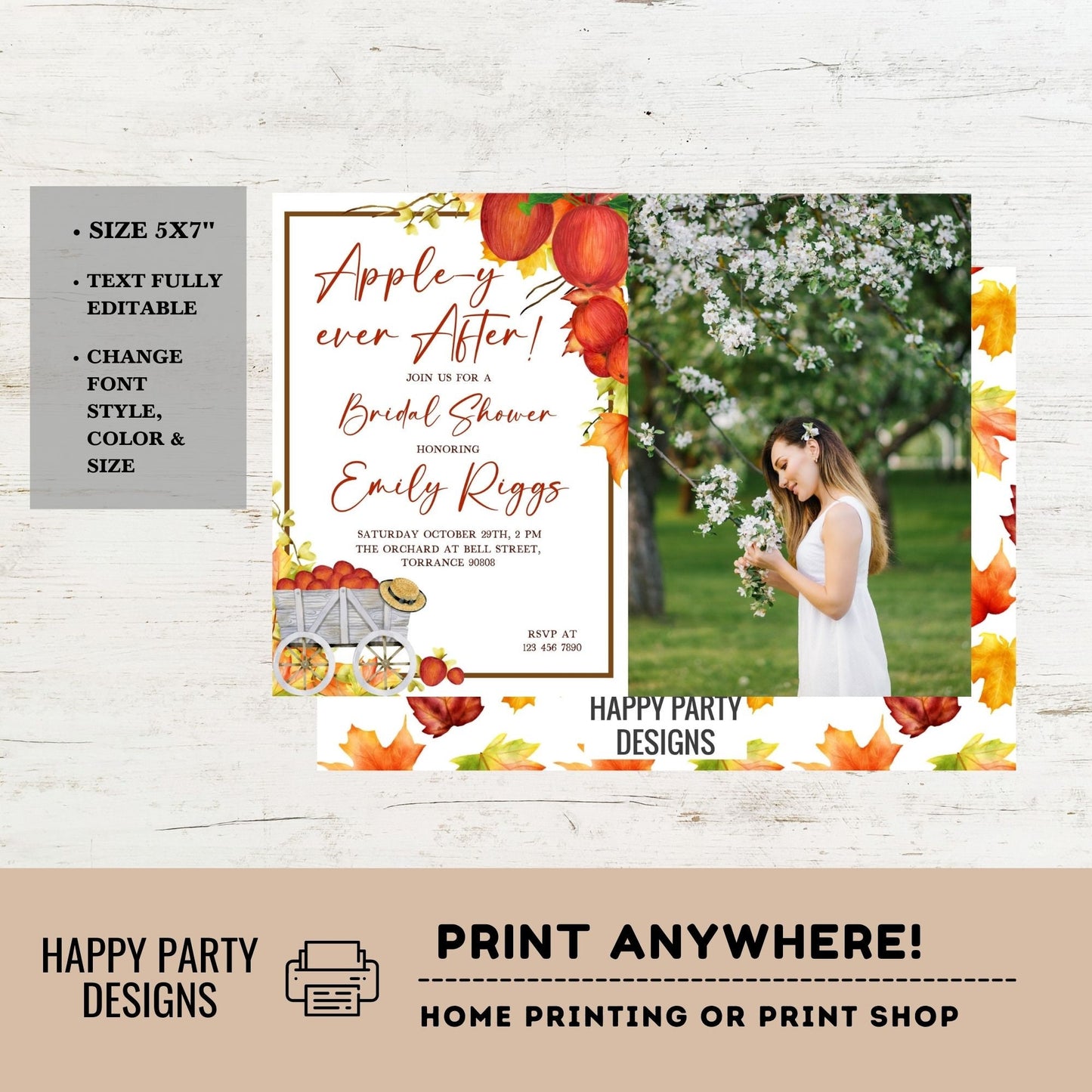 Apple-y ever after Invite with photo | Apple Fall Harvest Couple's Shower Invite | Fall in love printable invite | Bridal shower Autumn #W13