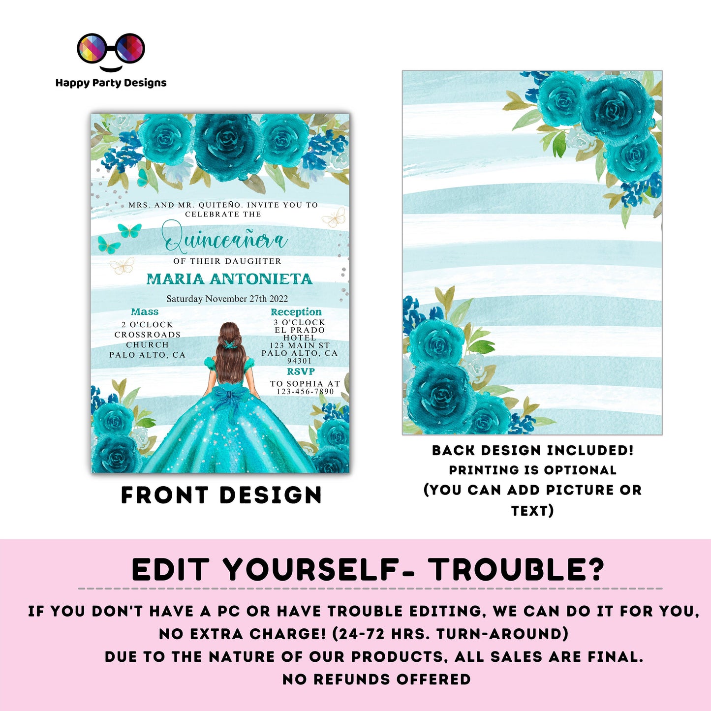 Editable Teal Quinceañera Invitation | EDITABLE TEMPLATE Mis Quince 15 | 16th Birthday Instant Download | Teal Dress quinceañera #K215