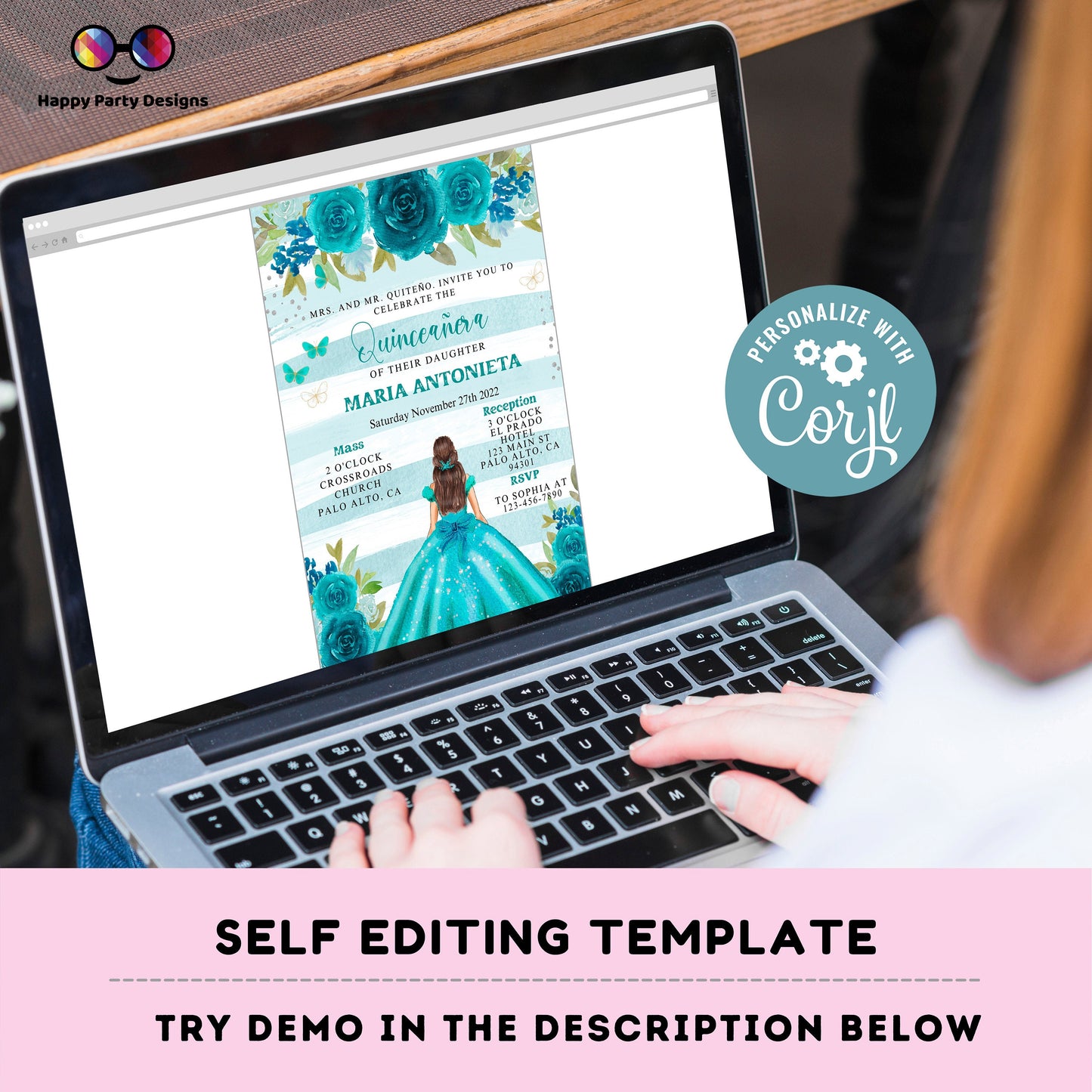 Editable Teal Quinceañera Invitation | EDITABLE TEMPLATE Mis Quince 15 | 16th Birthday Instant Download | Teal Dress quinceañera #K215