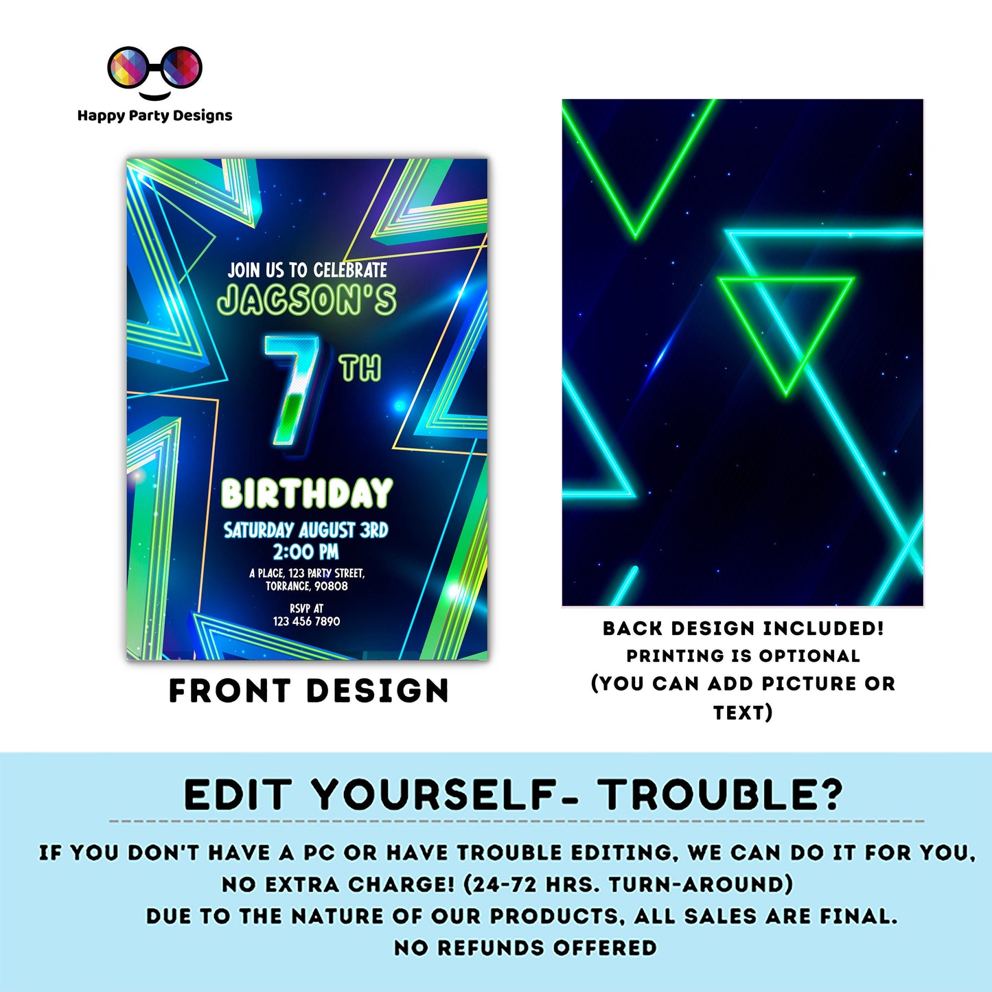 EDITABLE Boy 7th birthday invitation | Neon Glow in the dark Party | Birthday Boy | 7th Neon Green Blue Birthday | glow party #K185